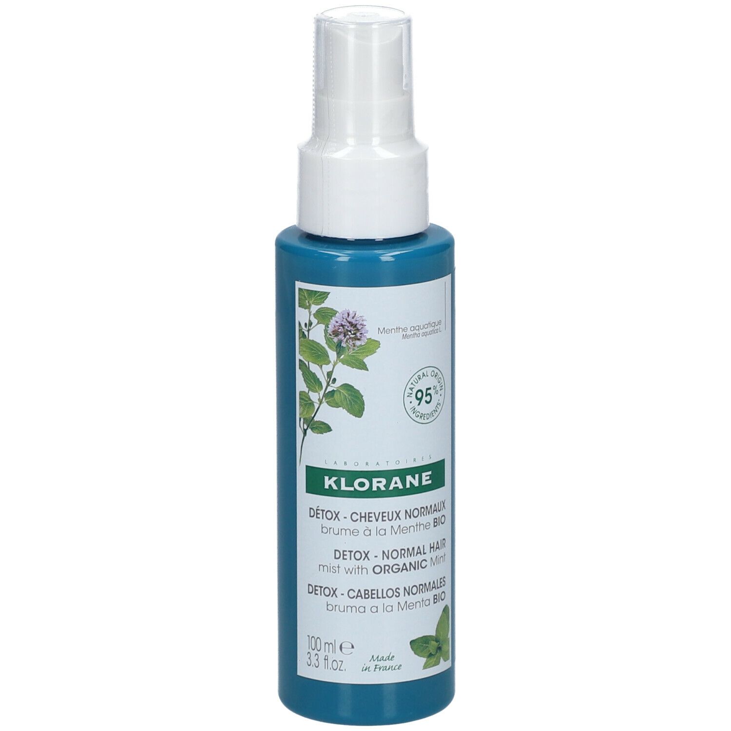 Flacone spray turchese con erogatore bianco. Etichetta con nome prodotto, illustrazione menta e 95% ingredienti naturali.