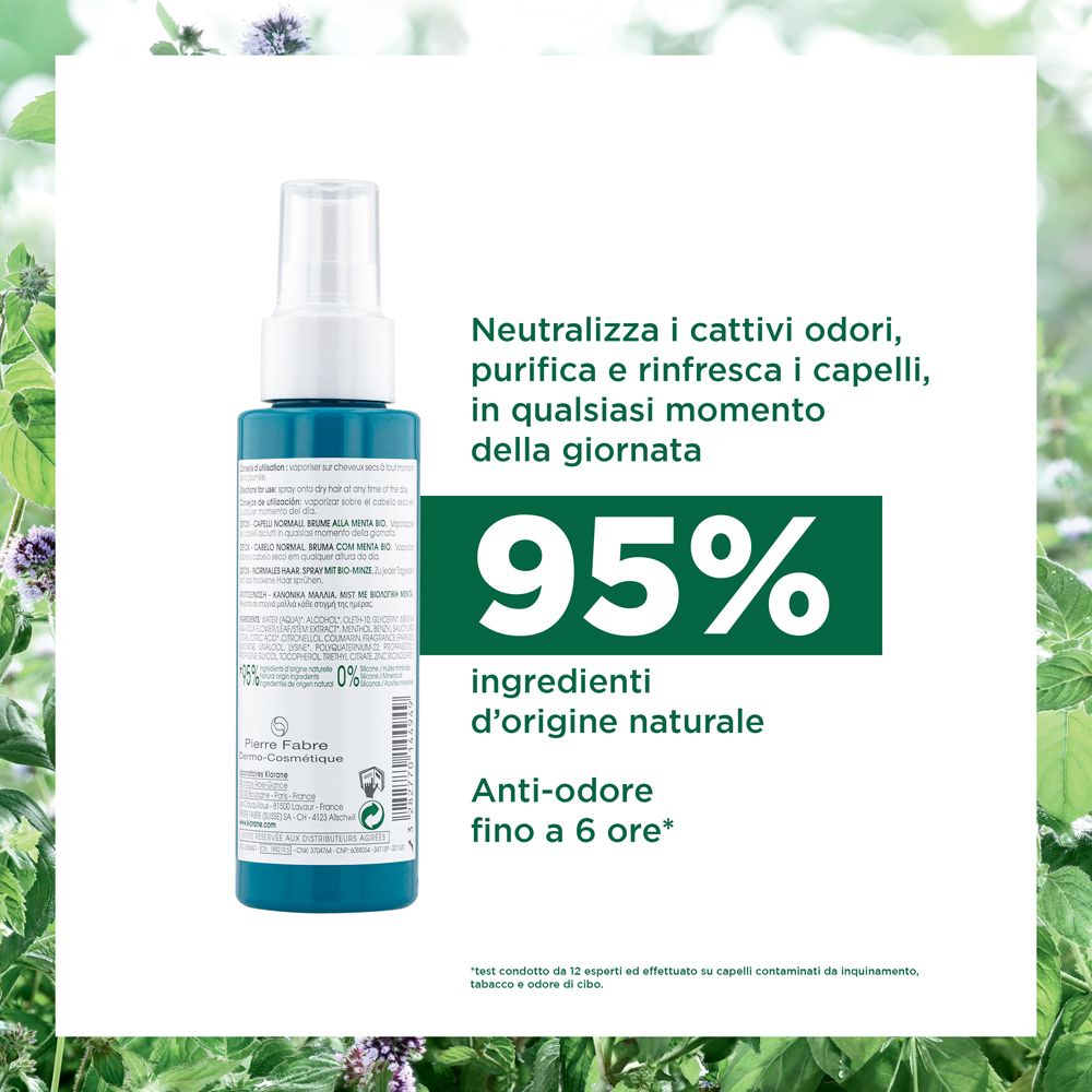 Retro del flacone spray. Testo con informazioni, tra cui 95% ingredienti naturali ed effetto anti-odore fino a 6 ore.