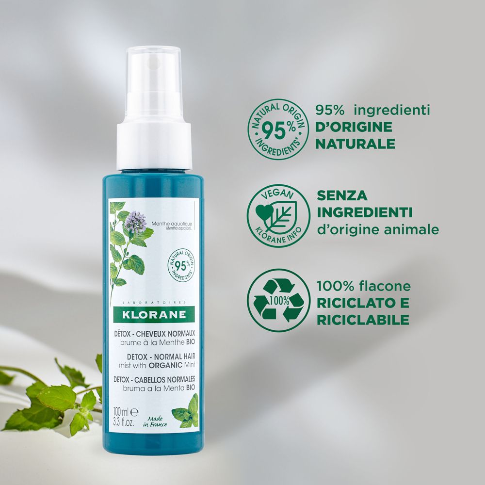 Flacone spray con erogatore bianco. Etichette con informazioni prodotto, 95% ingredienti naturali, sigillo vegano e simbolo riciclo.