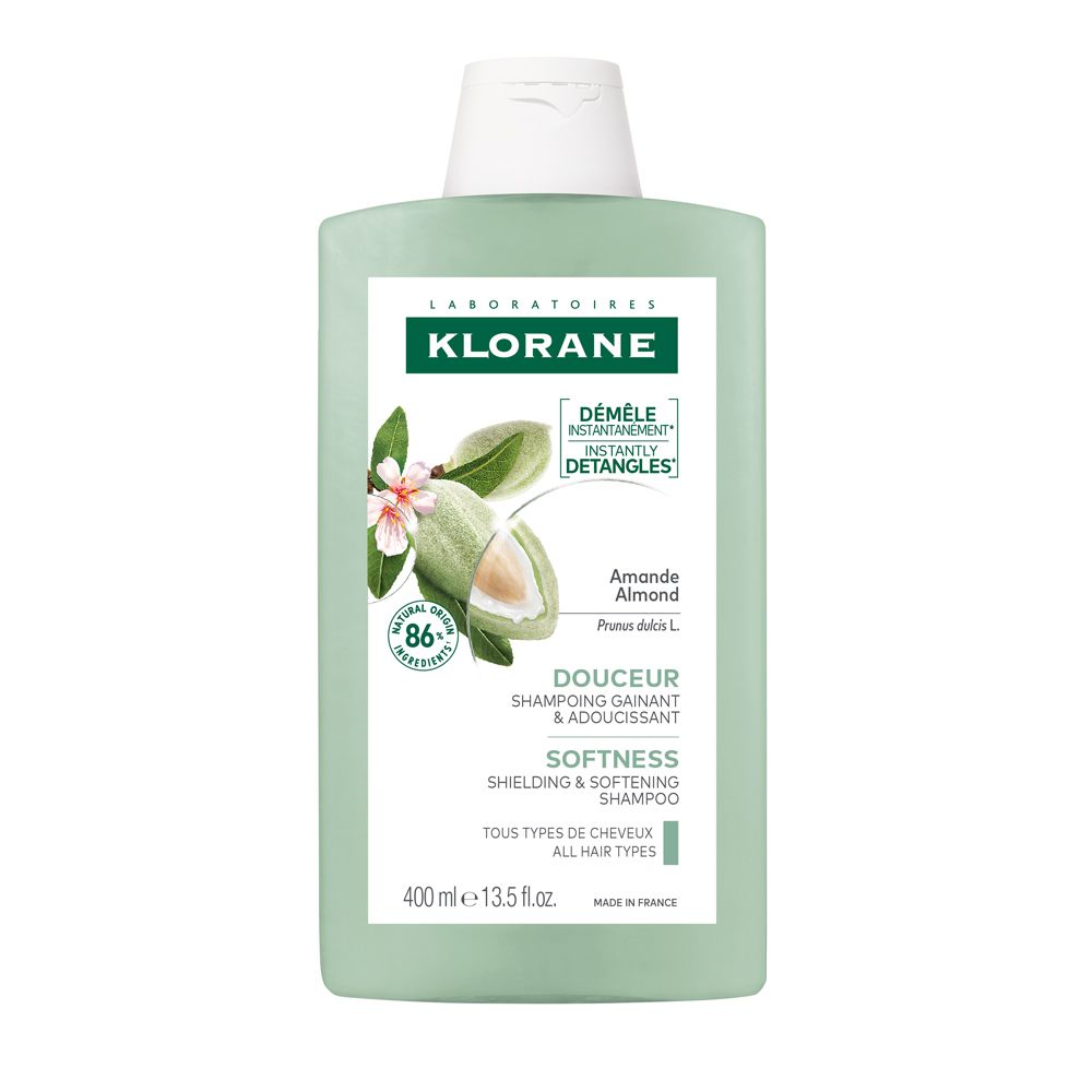 Klorane Shampoo mit Mandel, 400ml. Grüne Flasche mit weißem Verschluss. Enthält 86% natürliche Inhaltsstoffe.