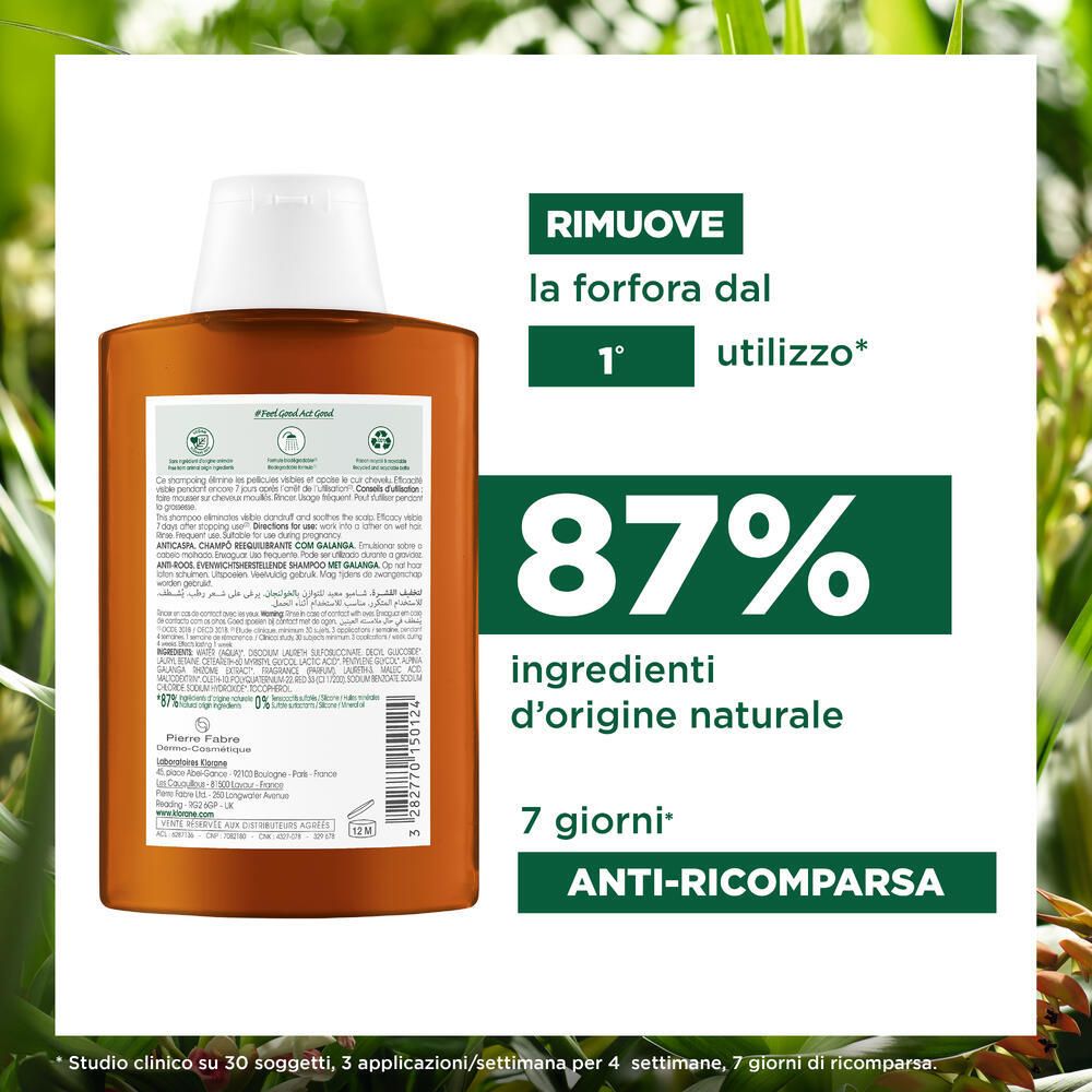 Rückseite einer braunen Shampoo-Flasche. Text und Logos. 87% natürliche Inhaltsstoffe. Anti-Rückfall.