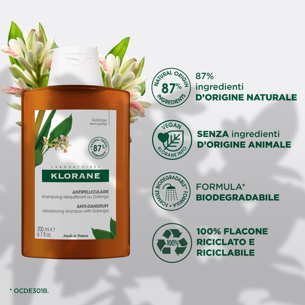 Braune Shampoo-Flasche mit weißem Deckel. Logos: 87% natürliche Inhaltsstoffe, vegan, biologisch abbaubar, recycelbar.