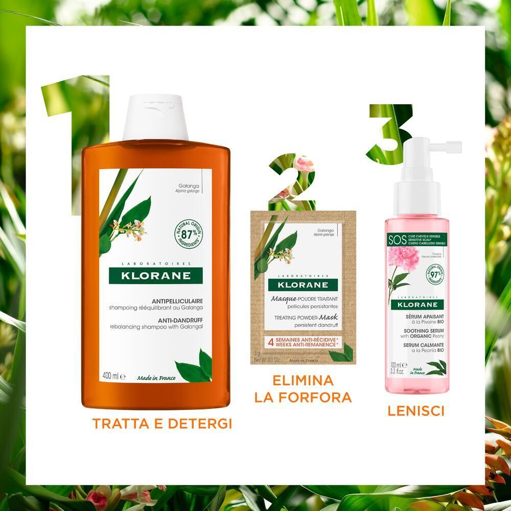 Drei Klorane-Produkte: Shampoo, Maske und Serum. Text: Trattare e detergi, Elimina la forfora, Lenisci.