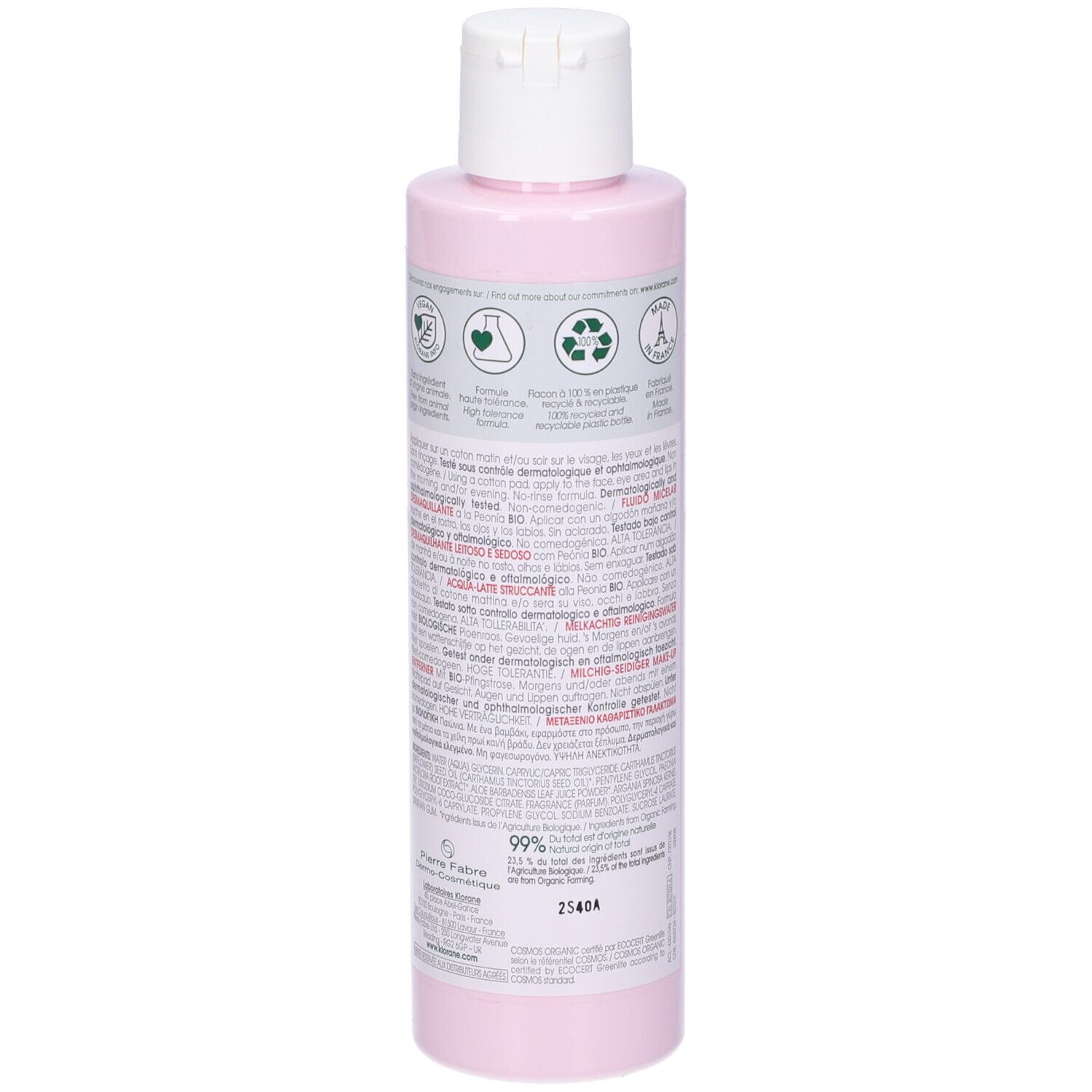 Retro del flacone. Testo con informazioni e certificazioni. 99% ingredienti di origine naturale.