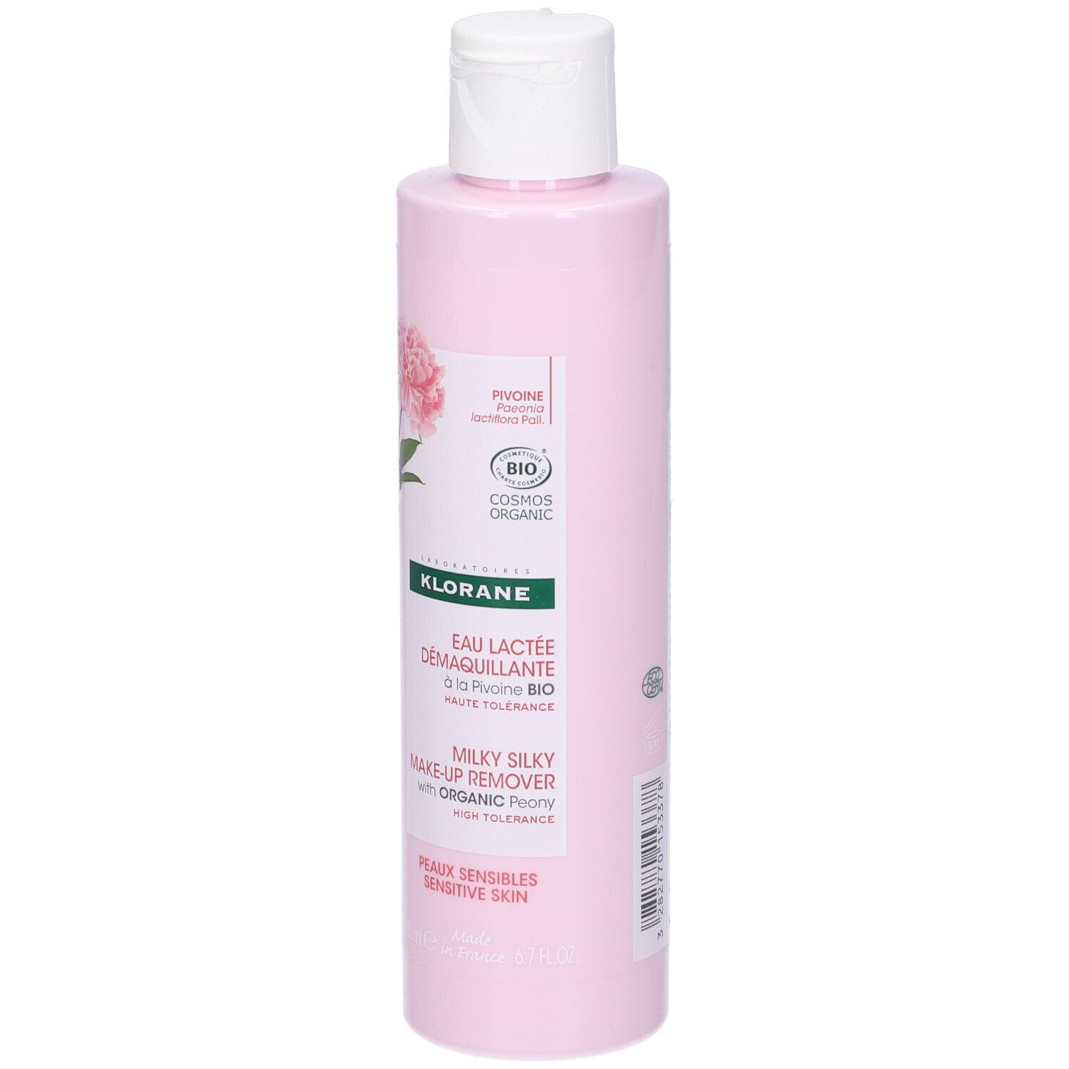 Flacone rosa con tappo bianco. Prodotto Klorane con fiore di peonia e testo. Certificazione bio.