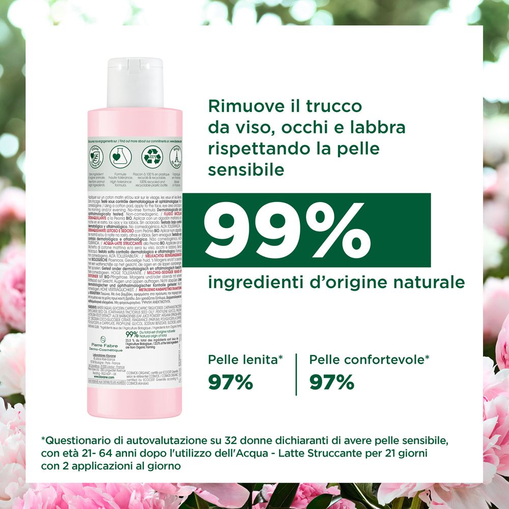 Retro del flacone. Testo con informazioni e percentuali. 99% ingredienti di origine naturale.