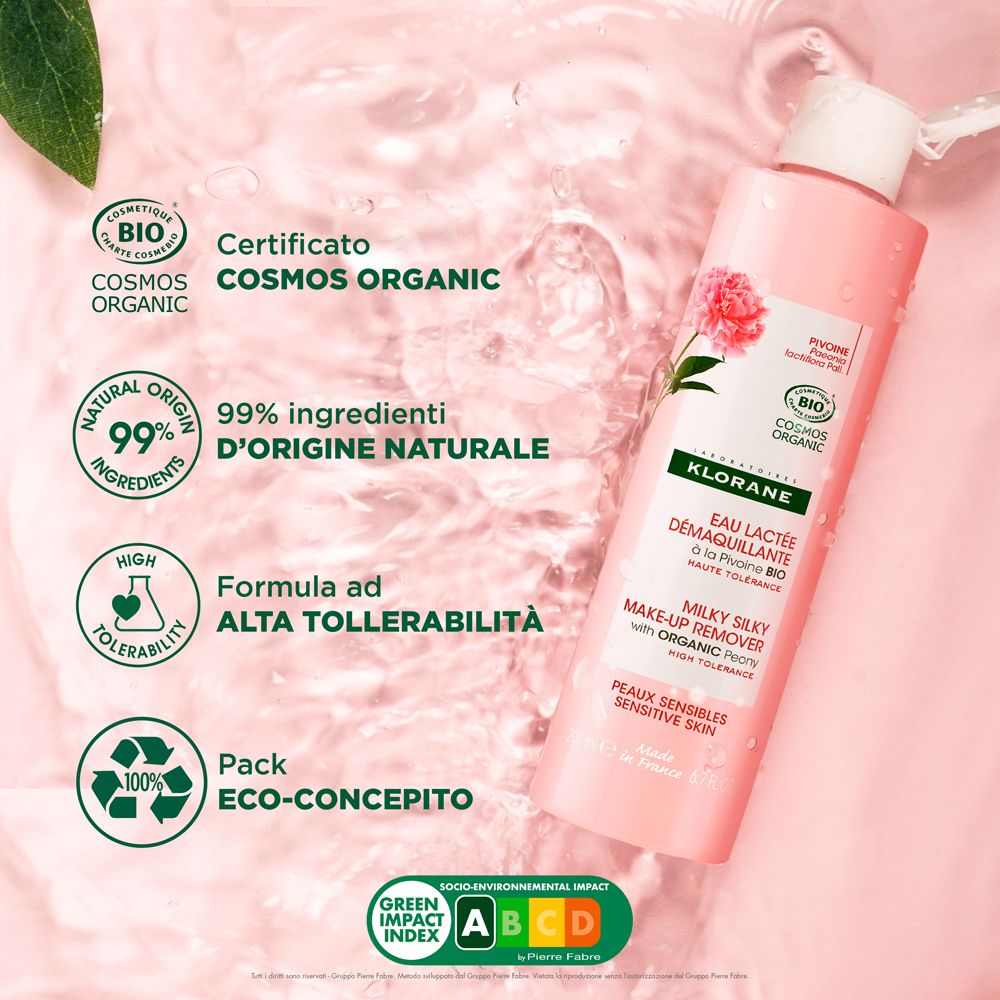 Prodotto in acqua. Flacone Klorane con testo e certificazione bio. 99% ingredienti naturali.