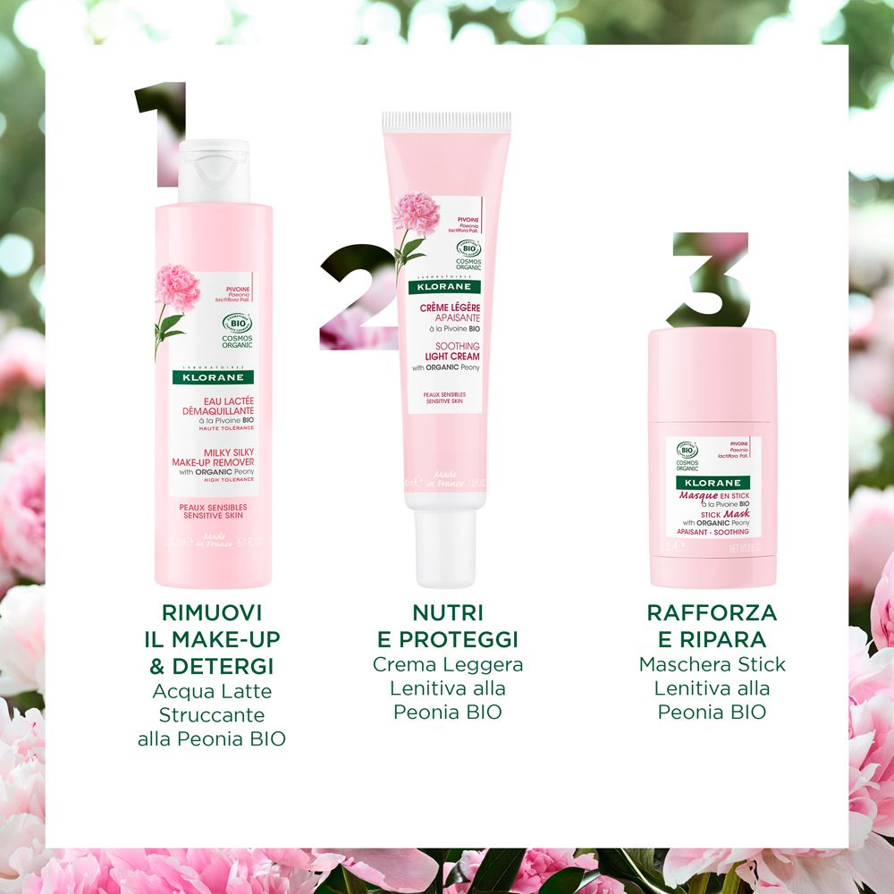 Tre prodotti: latte struccante, crema leggera e stick maschera. Tutti con estratto di peonia.