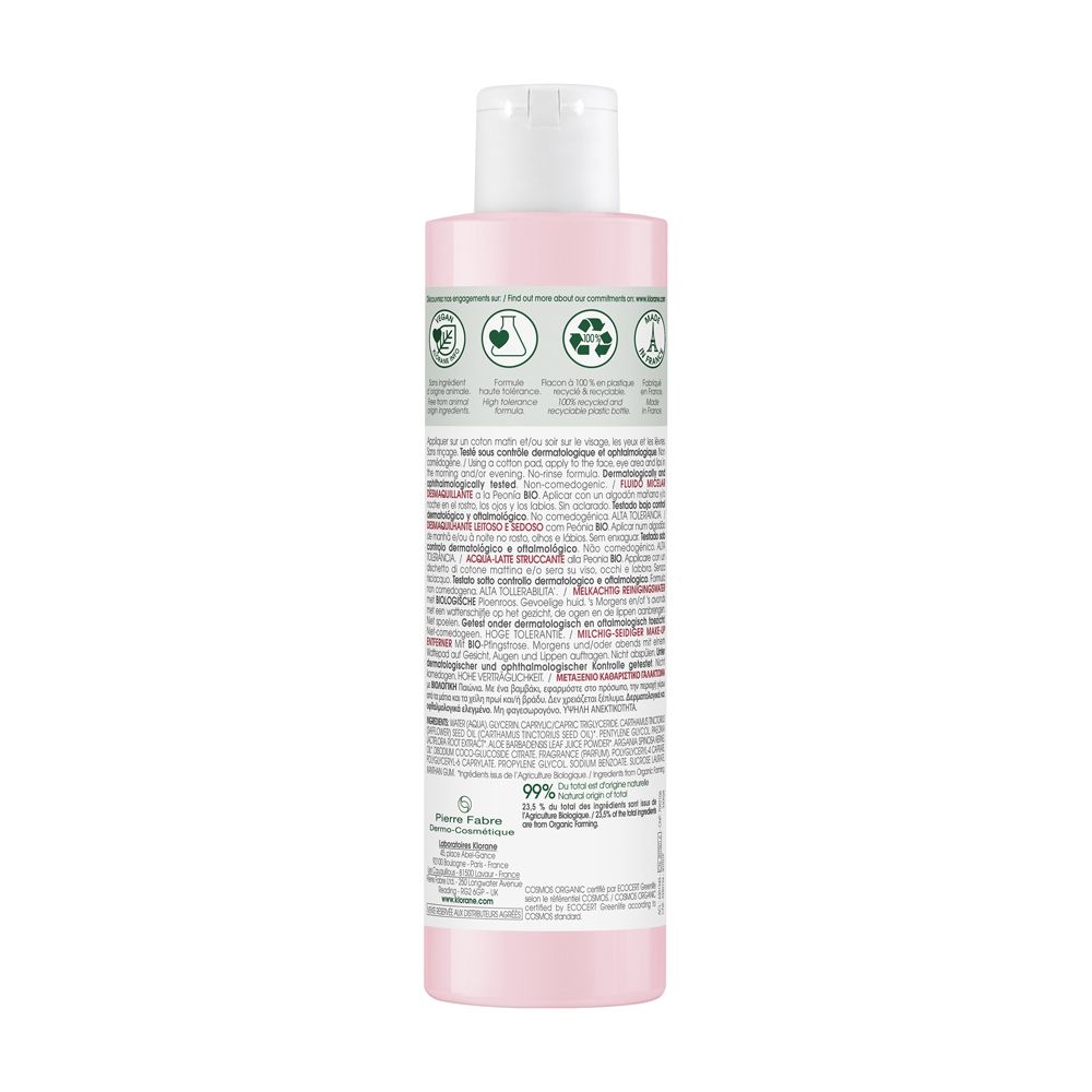 Retro del flacone. Testo con informazioni e certificazioni. 99% ingredienti di origine naturale.