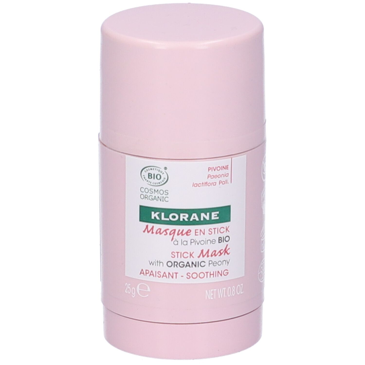 Maschera in stick rosa. Scritte: KLORANE, Masque en stick à la Pivoine BIO, STICK Mask with ORGANIC Peony, APAISANT-SOOTHING. Certificazione BIO.