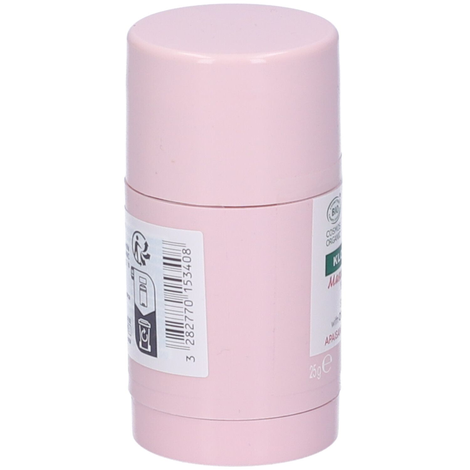 Maschera in stick rosa. Scritte: KLORANE, Masque en stick à la Pivoine BIO, STICK Mask with ORGANIC Peony, APAISANT-SOOTHING. Codice a barre e simboli di riciclo.