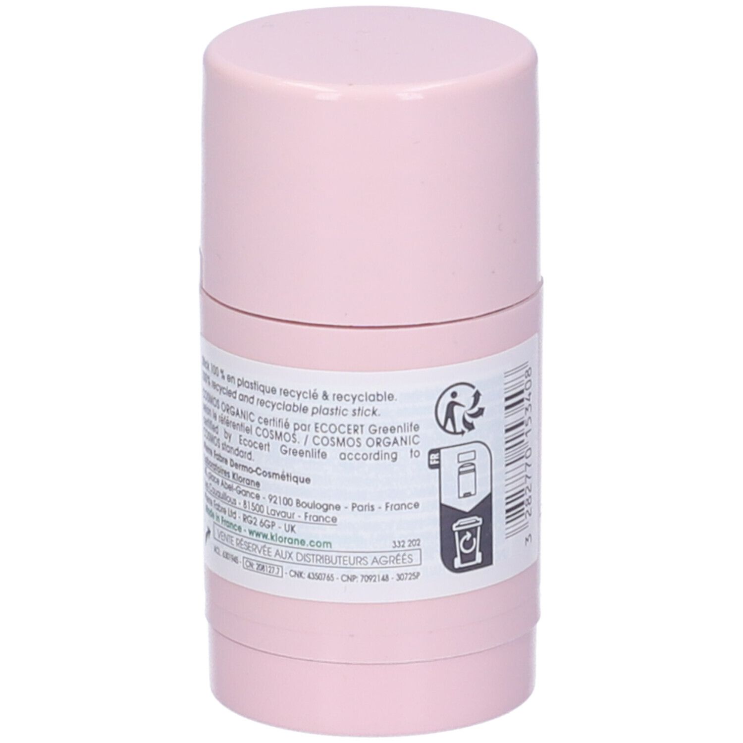 Maschera in stick rosa. Scritte: KLORANE, Masque en stick à la Pivoine BIO, STICK Mask with ORGANIC Peony, APAISANT-SOOTHING. Testo su riciclo e certificazioni.
