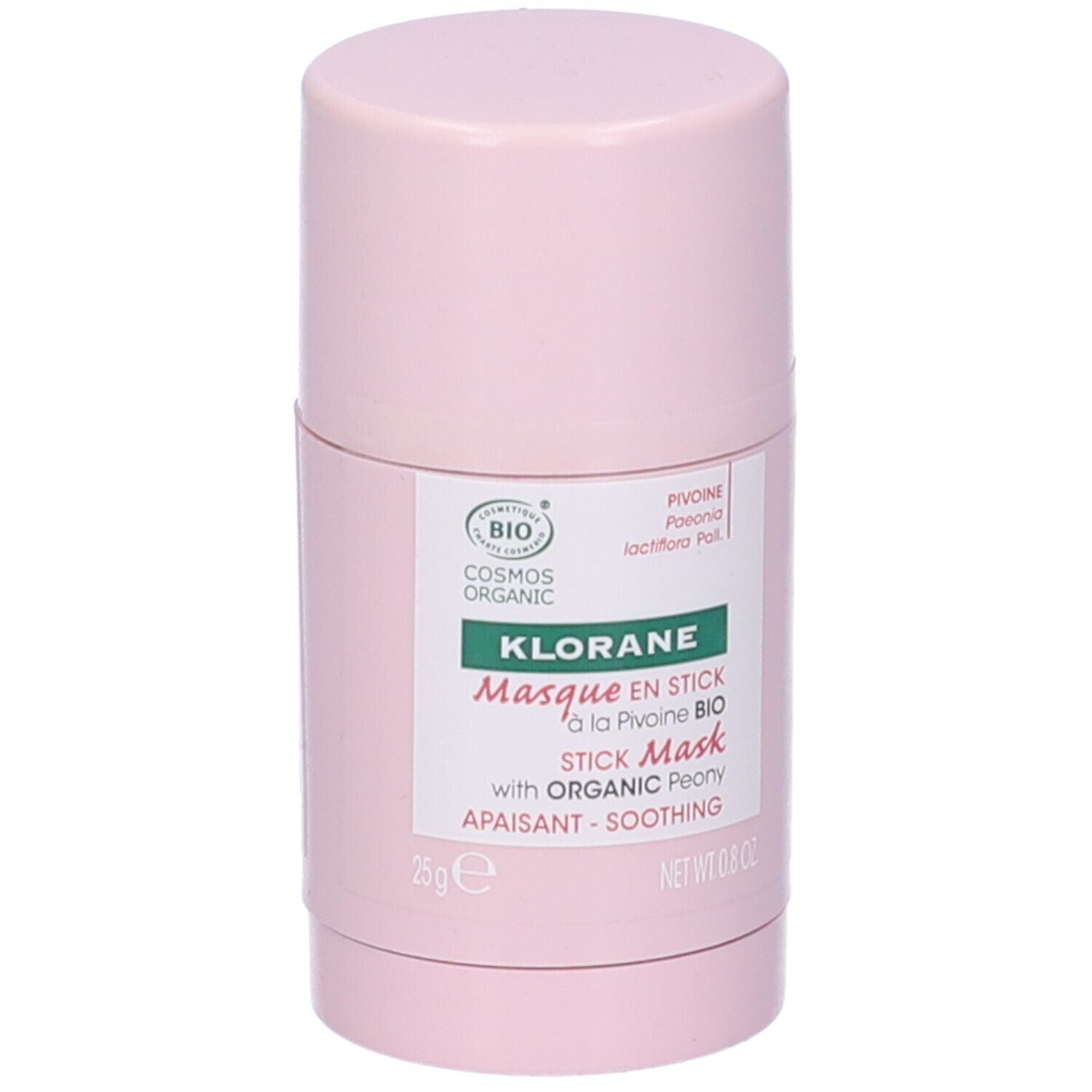 Maschera in stick rosa. Scritte: KLORANE, Masque en stick à la Pivoine BIO, STICK Mask with ORGANIC Peony, APAISANT-SOOTHING. Certificazione BIO.