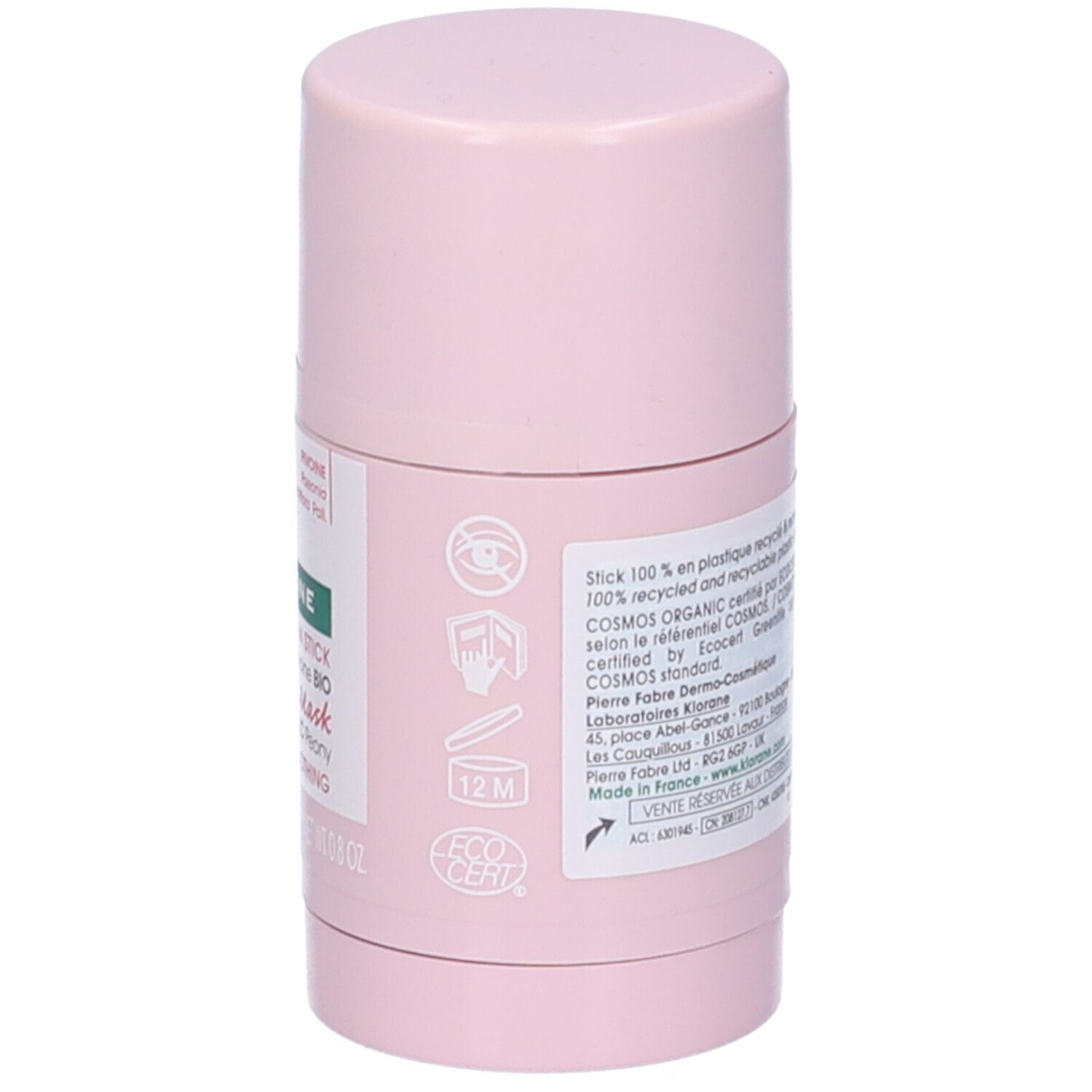 Maschera in stick rosa. Scritte: KLORANE, Masque en stick à la Pivoine BIO, STICK Mask with ORGANIC Peony, APAISANT-SOOTHING. Testo su riciclo, certificazioni e durata.
