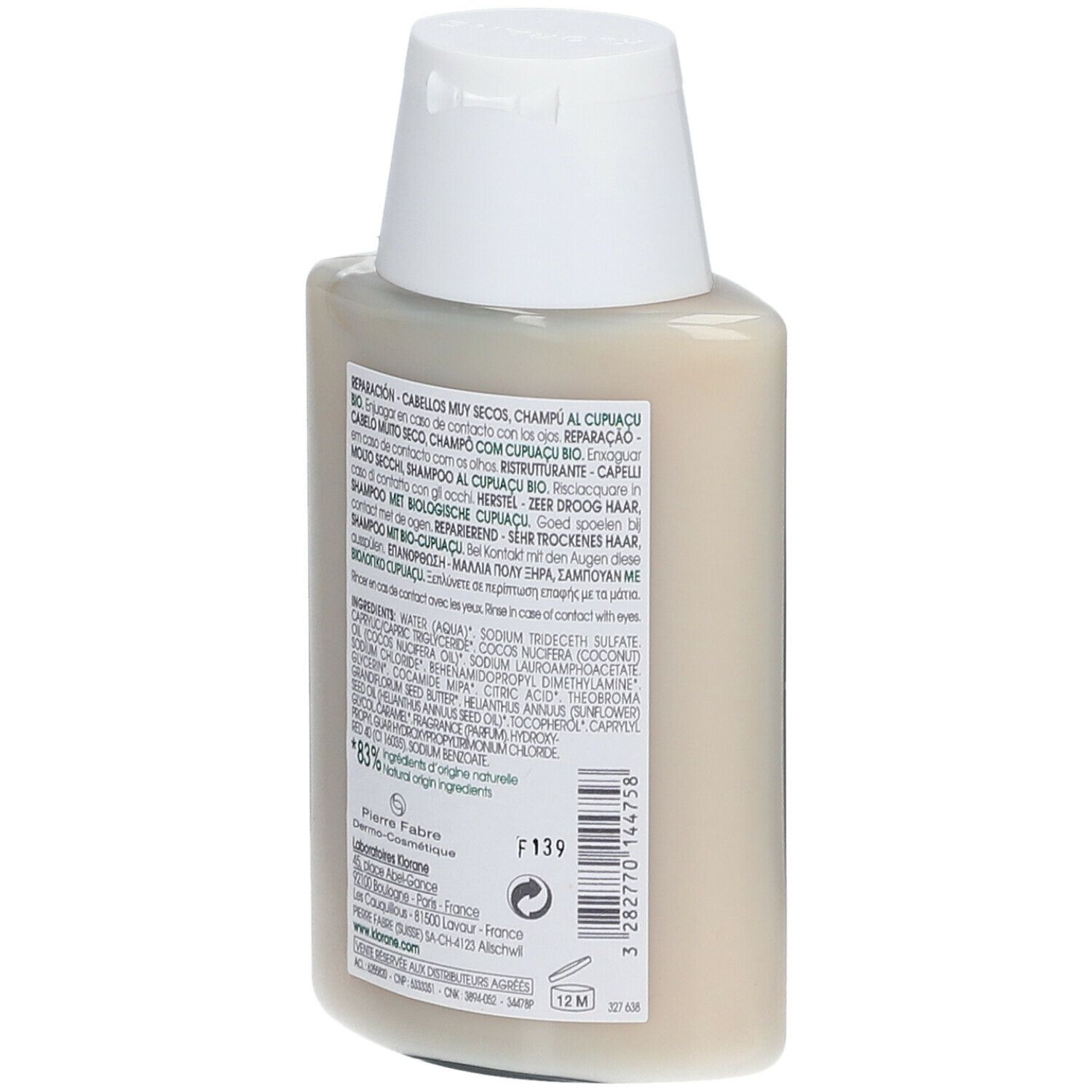 Retro del flacone di shampoo Klorane. Testo multilingue. Elenco ingredienti e codice a barre.