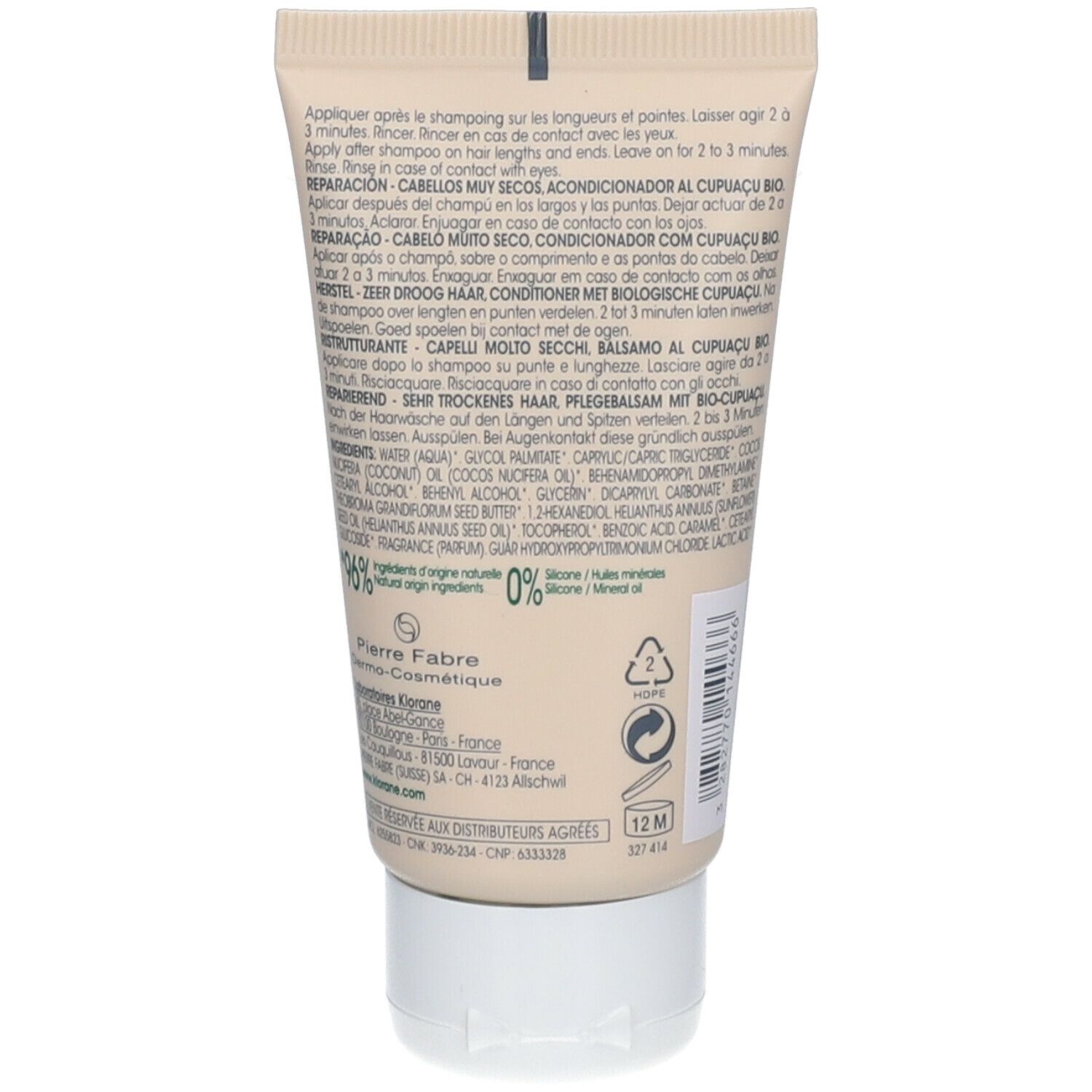 Retro del tubo. Testo multilingue. Ingredienti, informazioni produttore, simbolo riciclo, simbolo 12M.