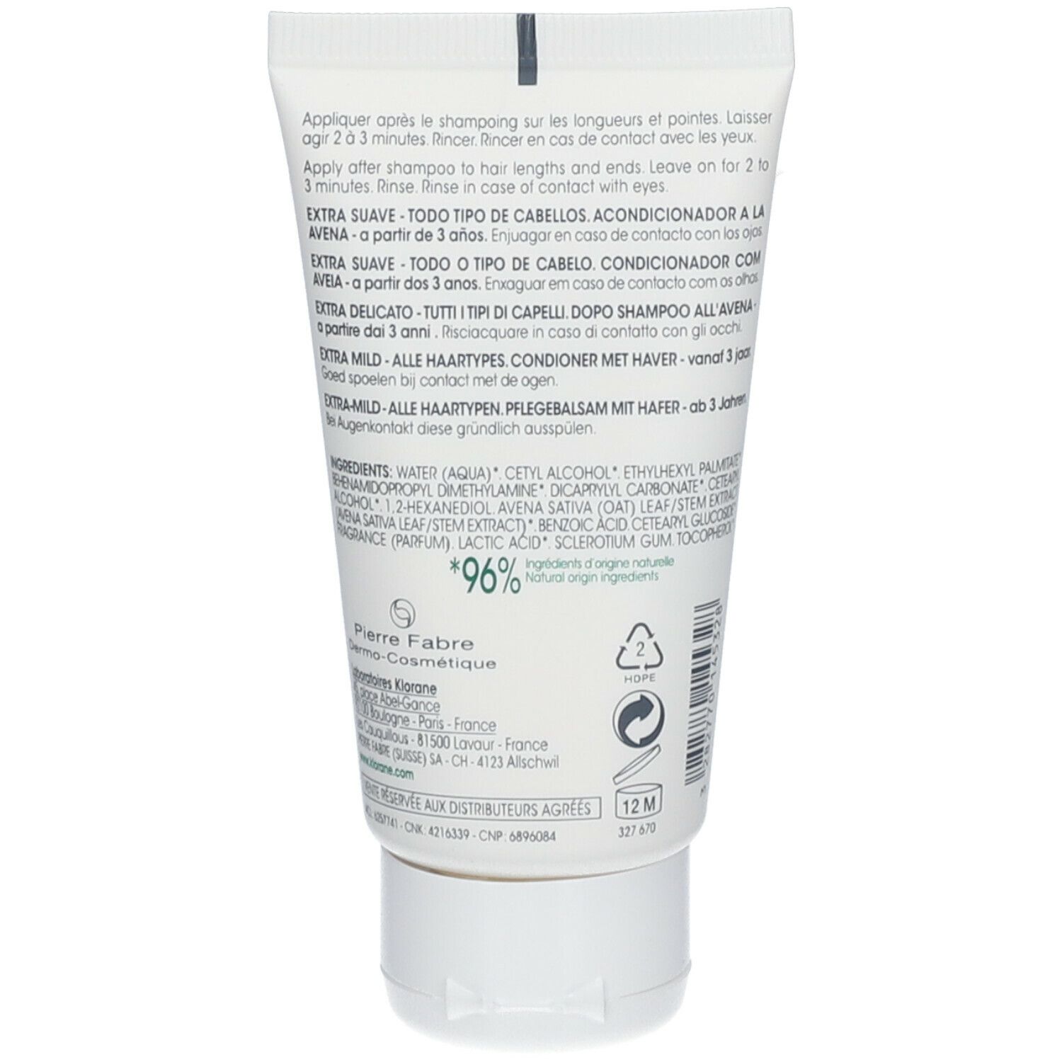 Retro del tubo bianco. Testo multilingue. Scritta: 96% ingredienti di origine naturale.