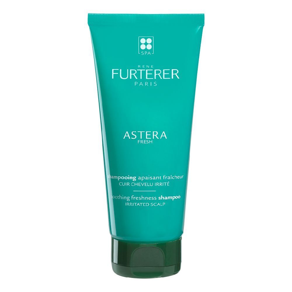 Tubo turchese. René Furterer Astera Fresh Shampoo. Testo: Cuoio capelluto irritato. Tappo verde.