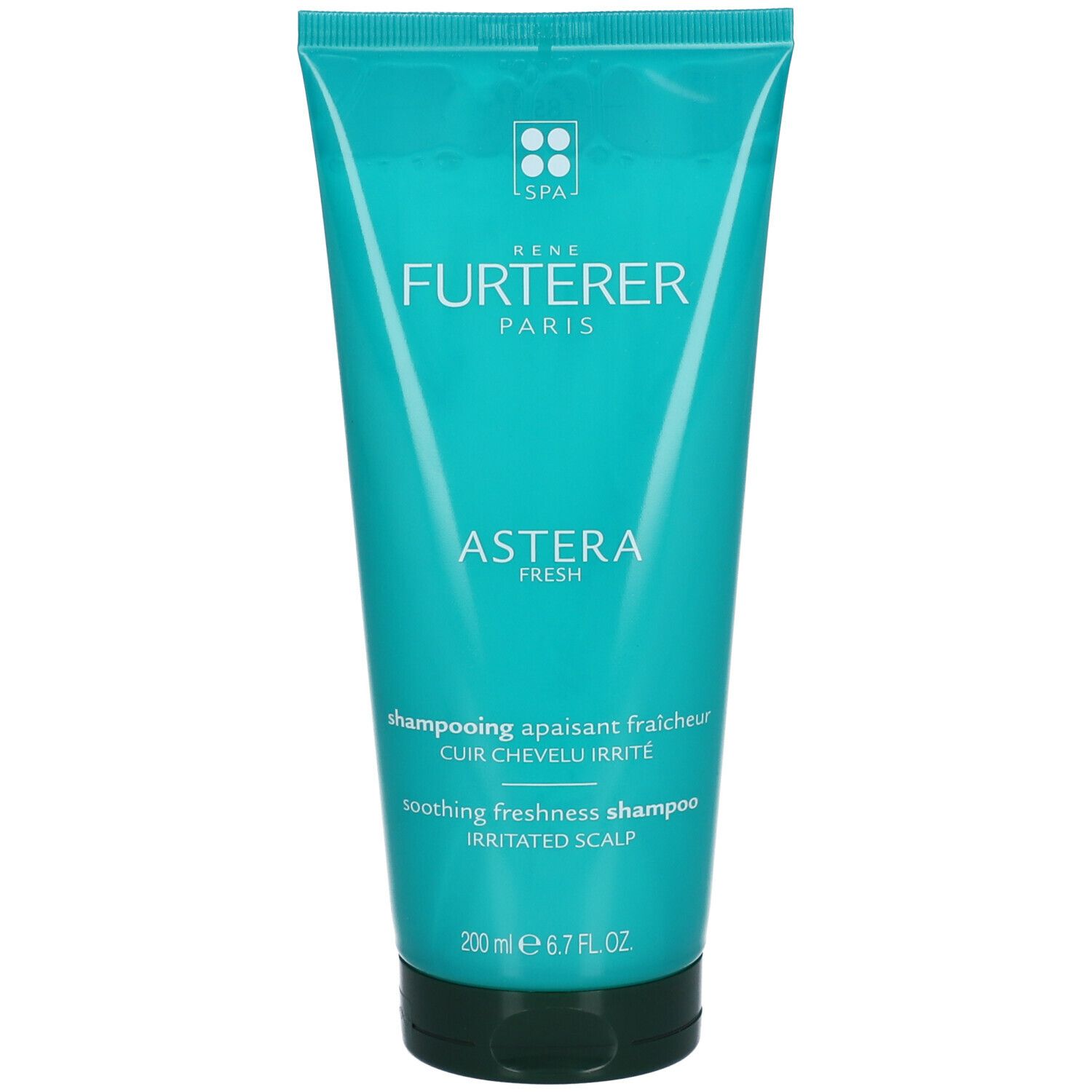 Tubo turchese. René Furterer Astera Fresh Shampoo. Testo: Cuoio capelluto irritato. 200 ml.