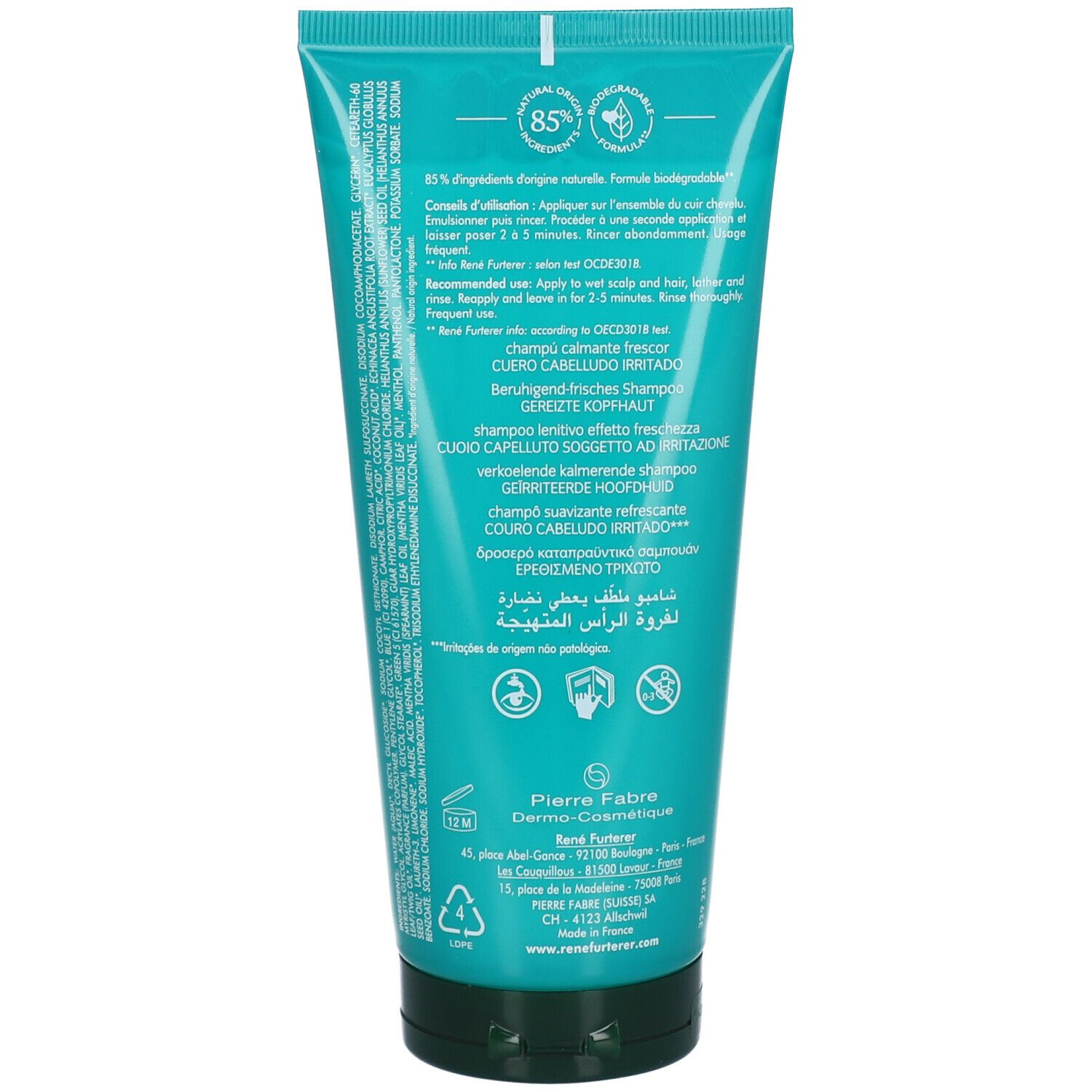 Retro del tubo turchese. Testo: Shampoo per cuoio capelluto irritato. Ingredienti. Pierre Fabre.