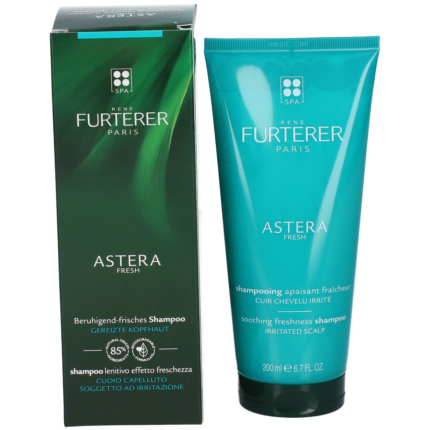 Confezione prodotto. René Furterer Astera Fresh Shampoo e scatola. Testo: Cuoio capelluto irritato. 200 ml.