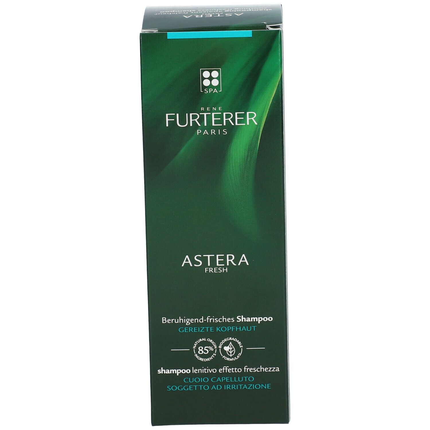 Scatola verde. René Furterer Astera Fresh Shampoo. Testo: Cuoio capelluto irritato. 85% ingredienti naturali.