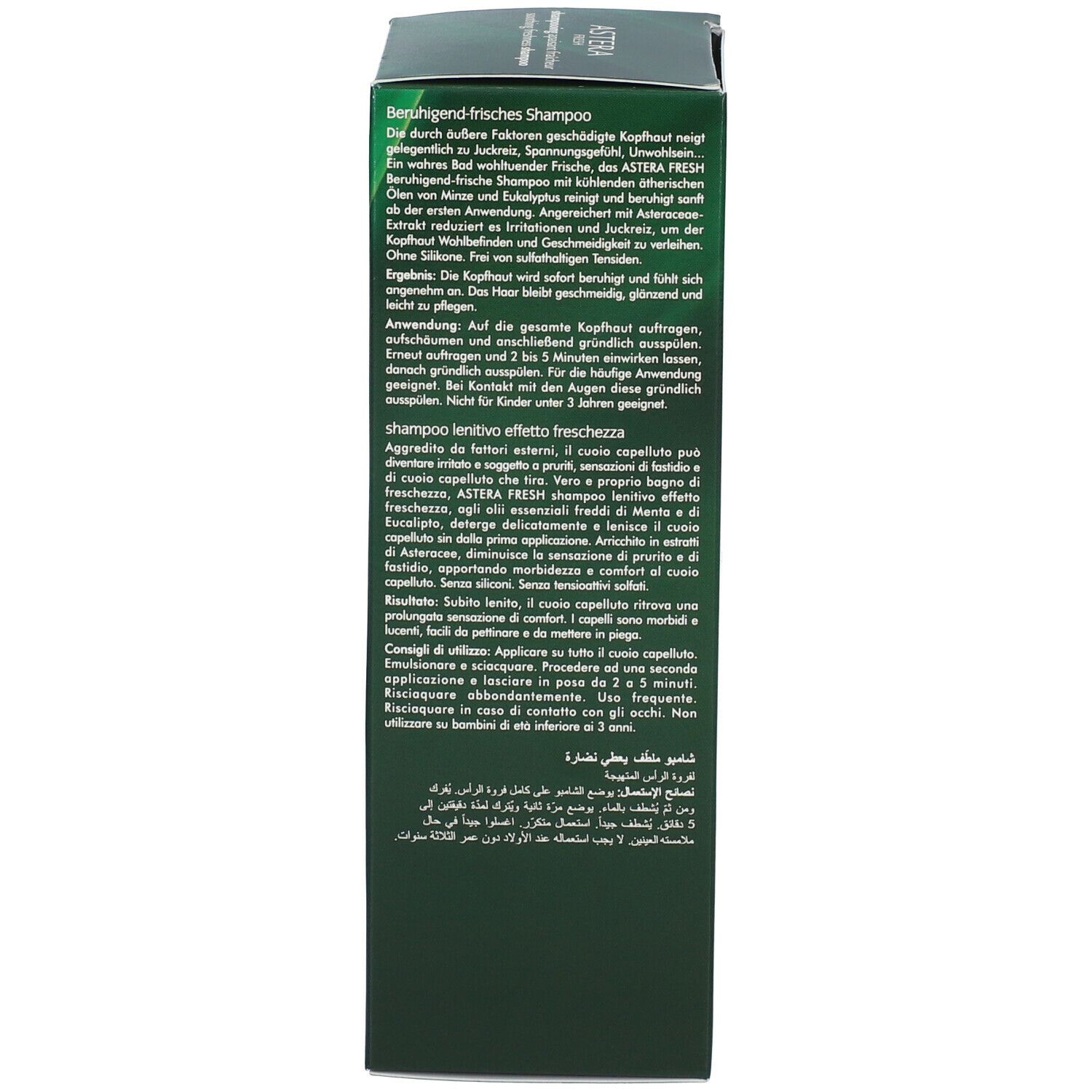 Retro della scatola verde. Testo: Istruzioni per l'uso, ingredienti. René Furterer Astera Fresh Shampoo.