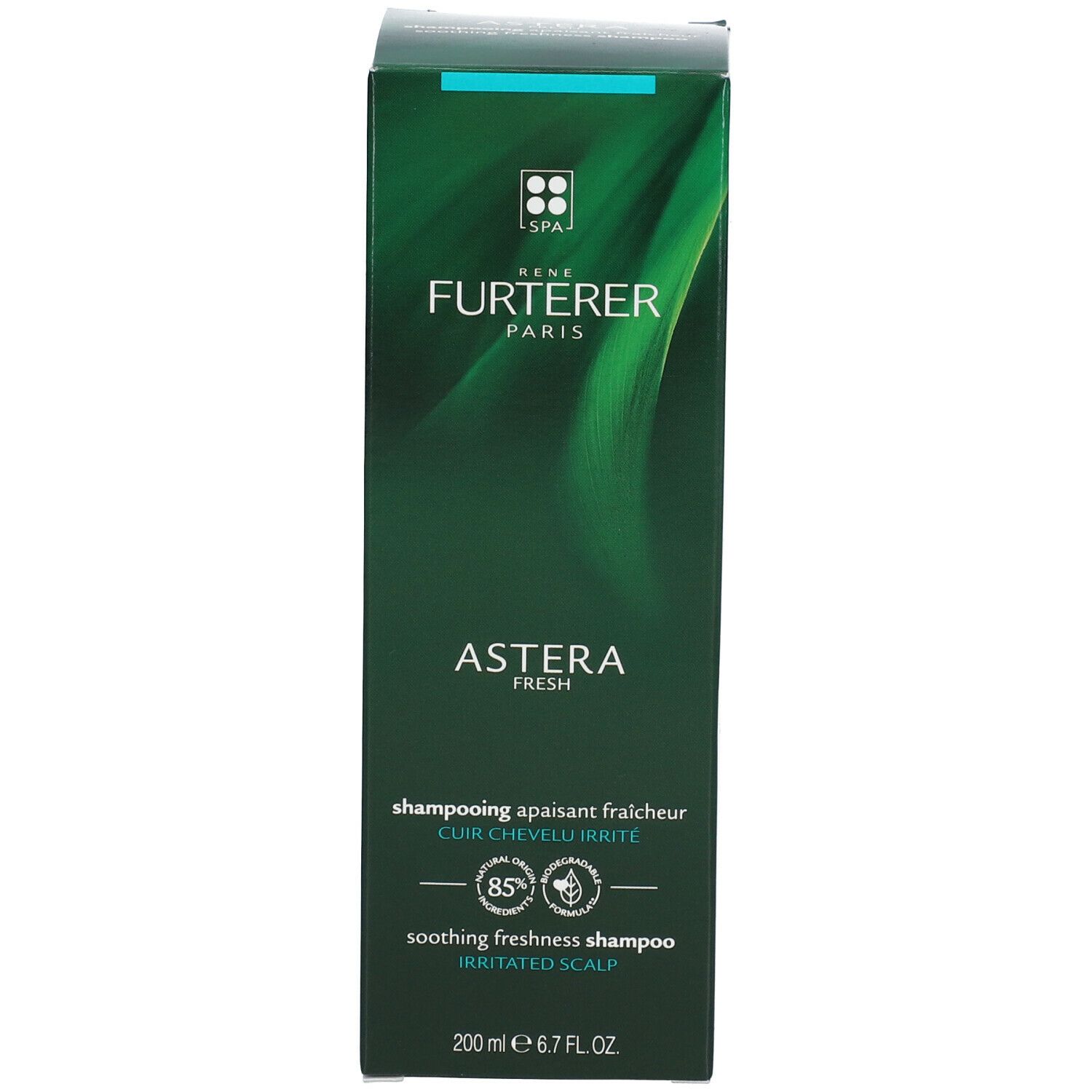Scatola verde. René Furterer Astera Fresh Shampoo. Testo: Cuoio capelluto irritato. 200 ml. 85% ingredienti naturali.