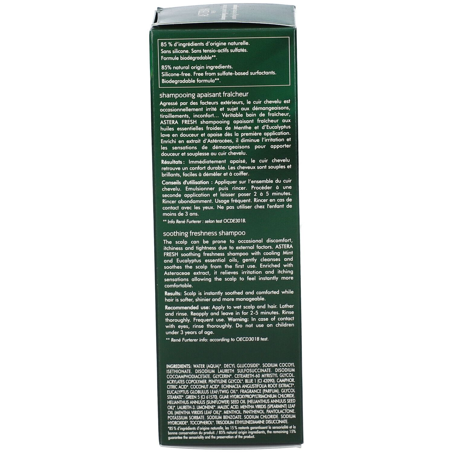 Retro della scatola verde. Testo: Uso, ingredienti. René Furterer Astera Fresh Shampoo.