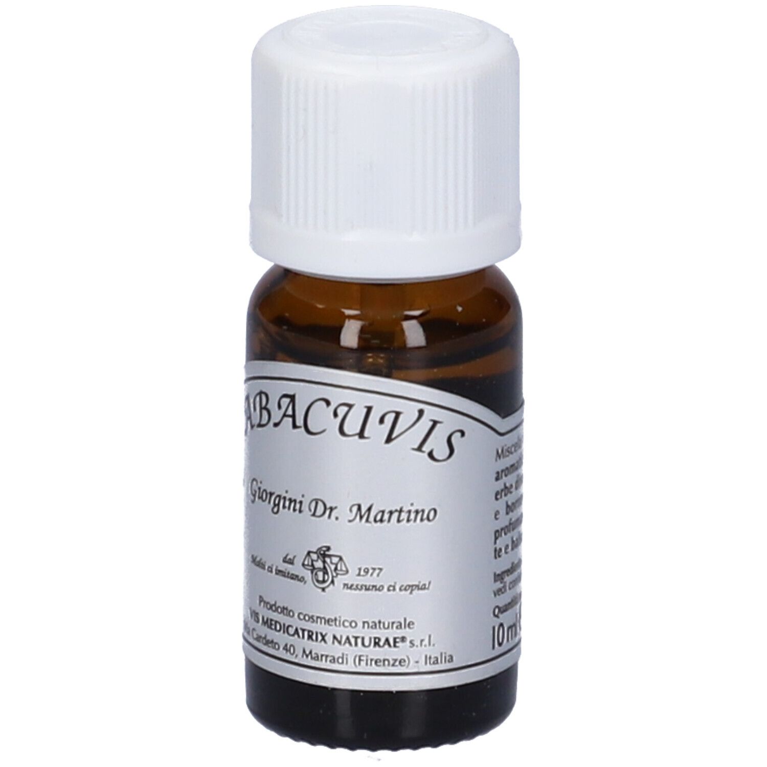 Braune Glasflasche mit weißem Deckel. Etikett mit Text: ABACUVIS, Giorgini Dr. Martino. 10 ml. Naturkosmetik.