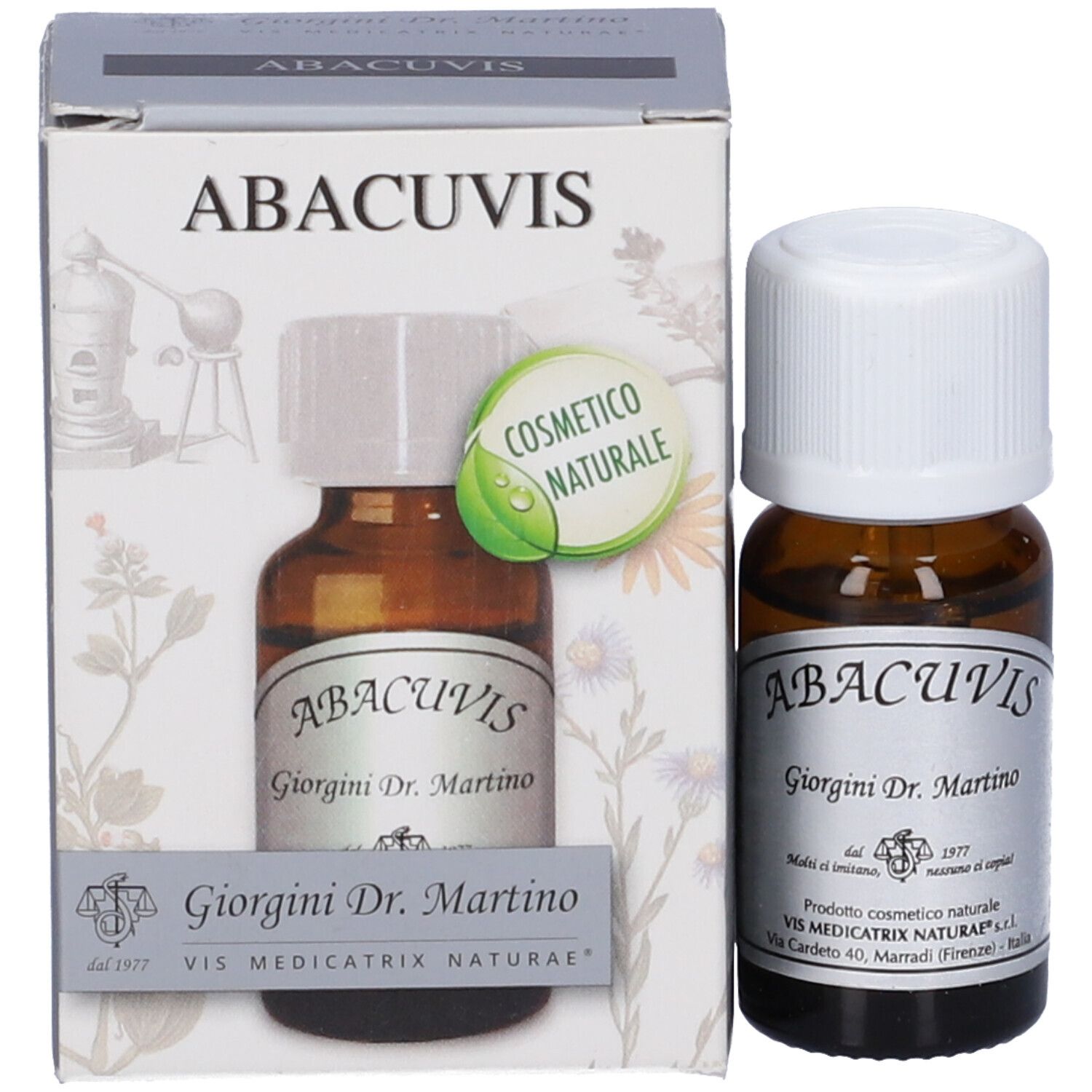 Produktverpackung mit Flasche. Flasche: braunes Glas, weißer Deckel. Etikett: ABACUVIS, Giorgini Dr. Martino. Naturkosmetik.