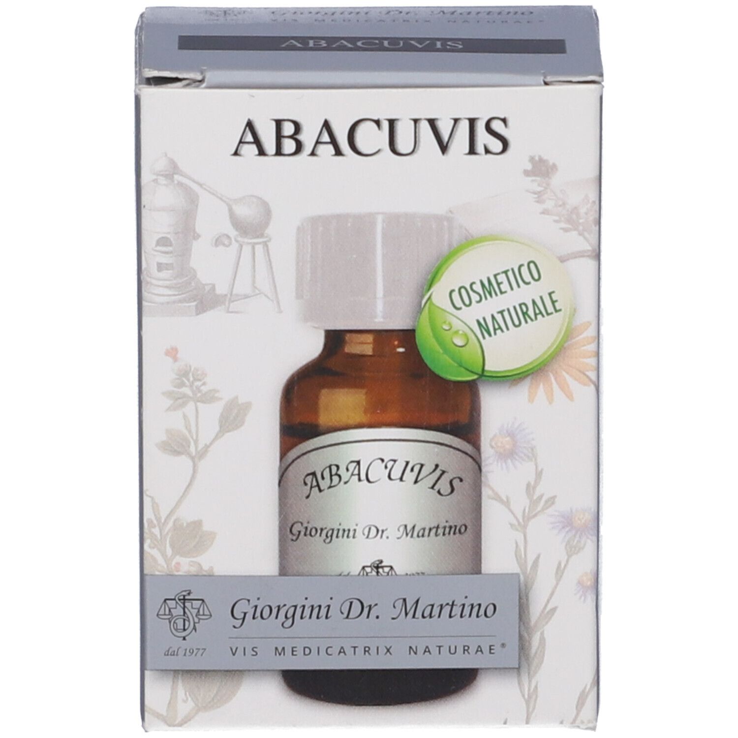 Produktverpackung mit Flasche. Flasche: braunes Glas, weißer Deckel. Etikett: ABACUVIS, Giorgini Dr. Martino. Naturkosmetik.