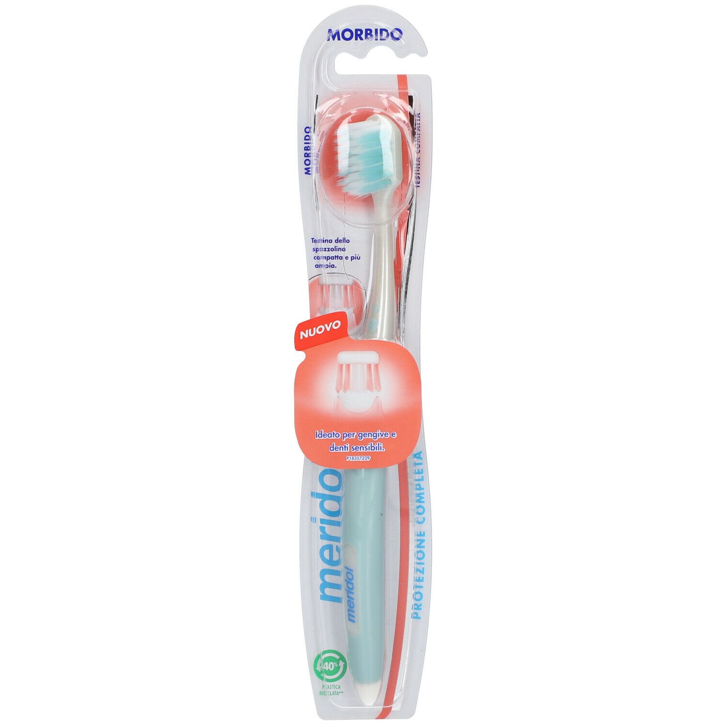 Spazzolino in confezione. Manico turchese, testina bianca. Marchio Meridol® e testo 'Protezione Completa'.