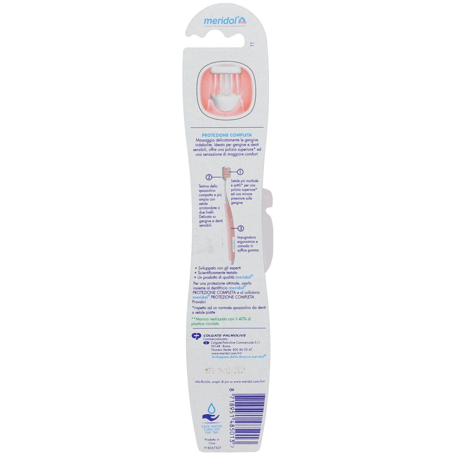 Retro della confezione. Testo e illustrazioni. Marchio Meridol® e testo 'Protezione Completa'.