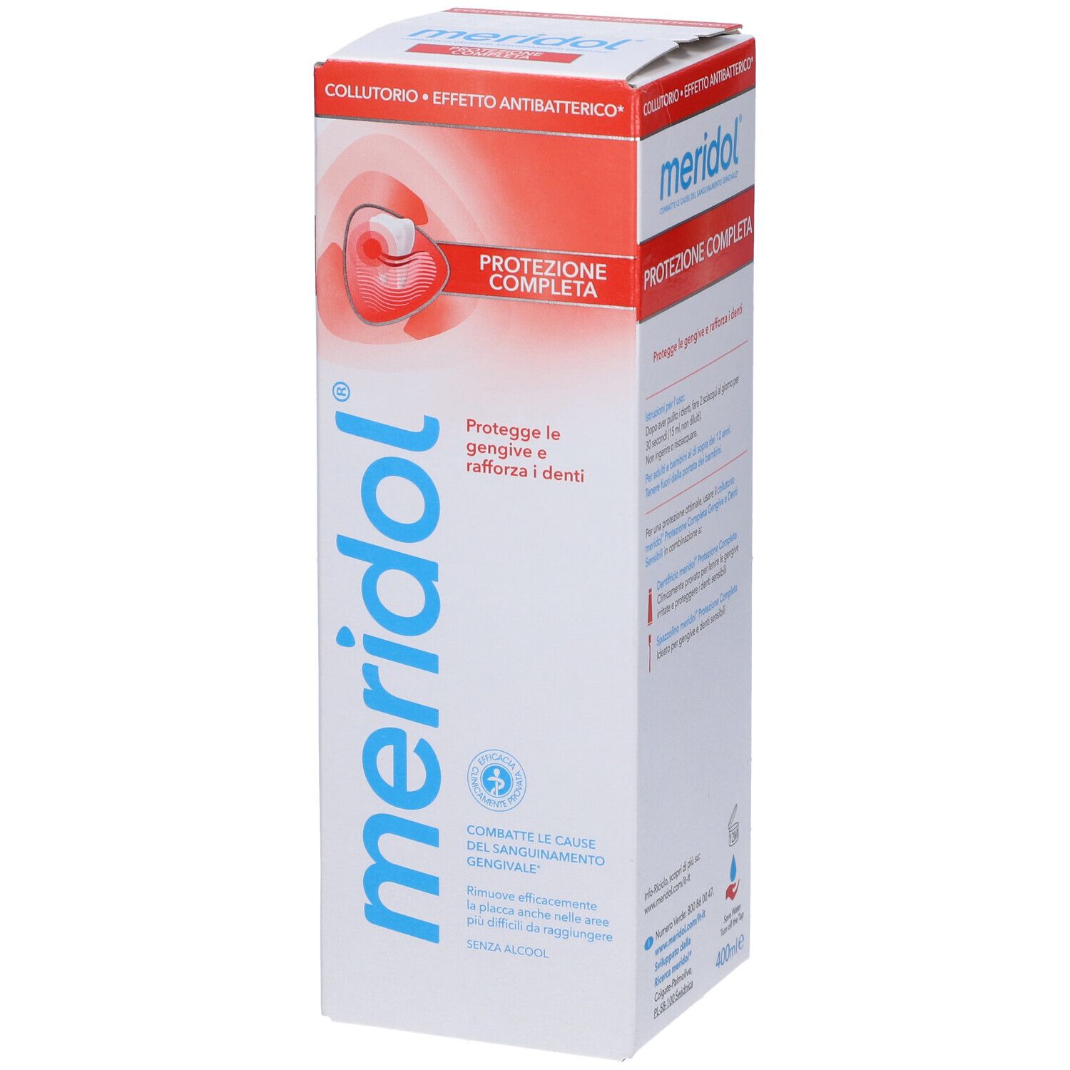 Confezione di Meridol Collutorio. Bianca, rossa e blu. Testo: 'Protezione Completa'.