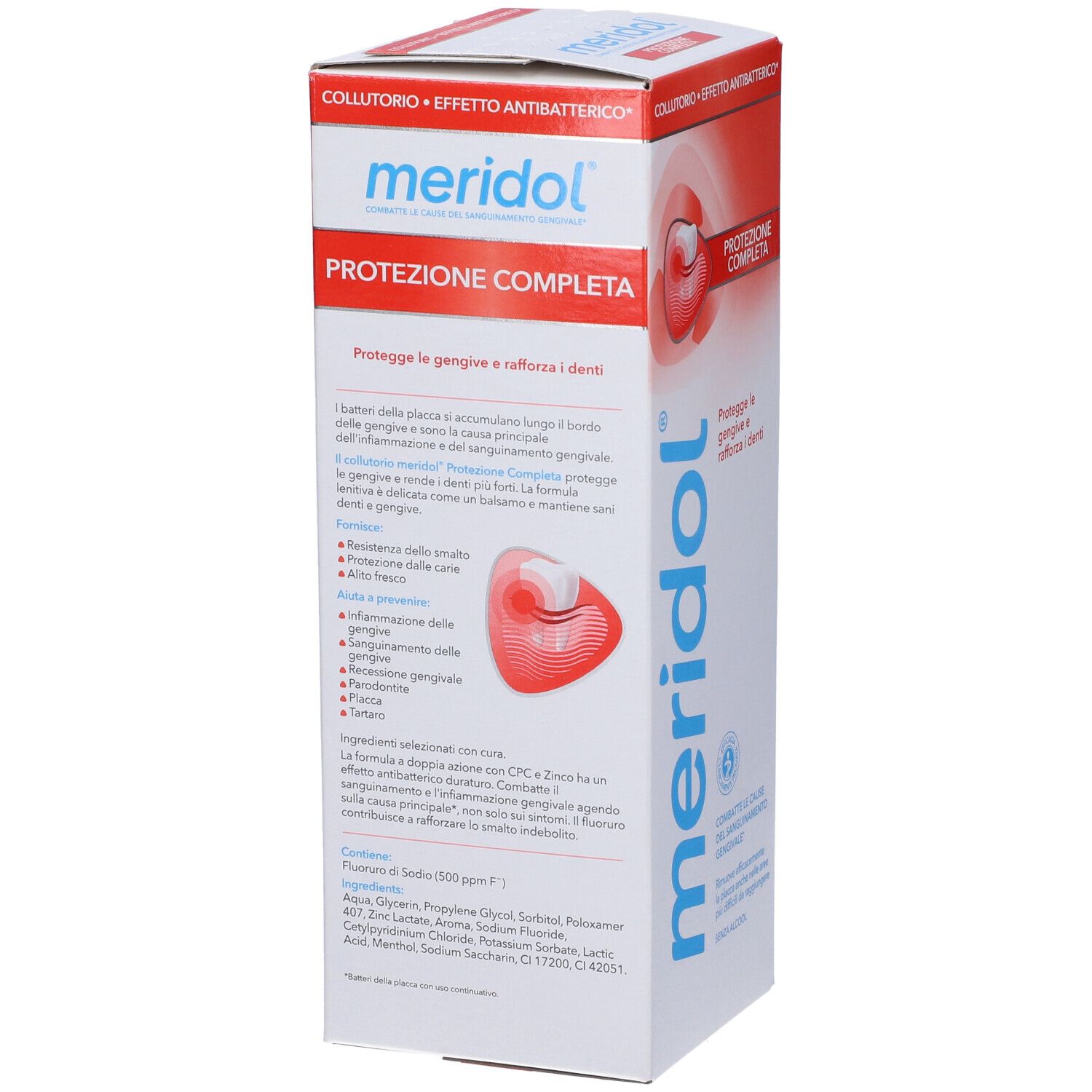 Confezione di Meridol Collutorio. Bianca, rossa e blu. Testo: 'Protezione Completa'.