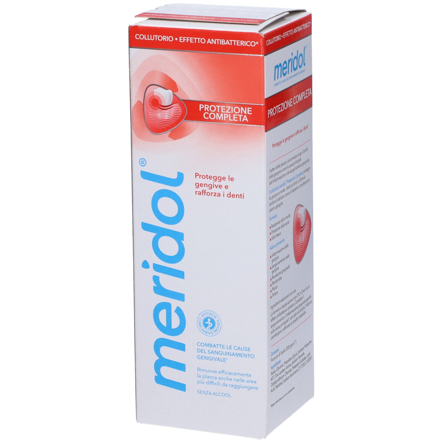 Confezione di Meridol Collutorio. Bianca, rossa e blu. Testo: 'Protezione Completa'.