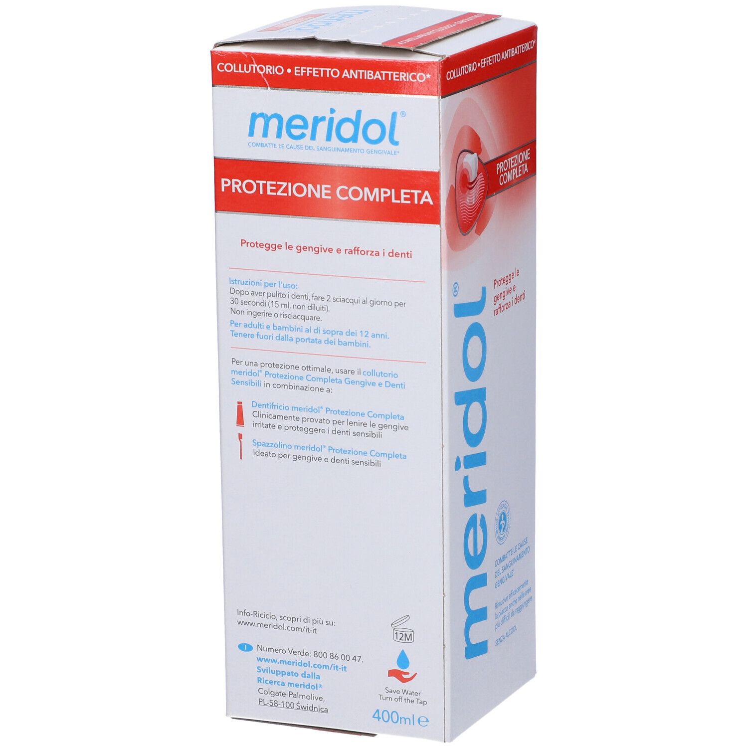 Confezione di Meridol Collutorio. Bianca, rossa e blu. Testo: 'Protezione Completa'.