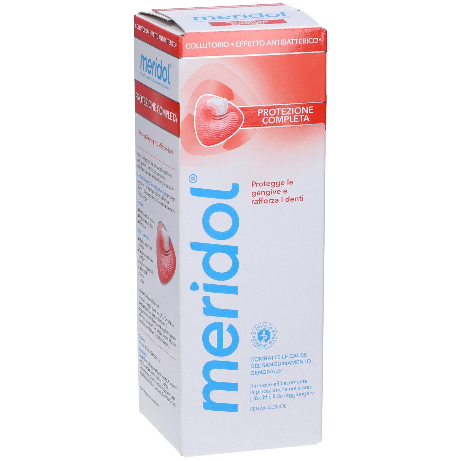 Confezione di Meridol Collutorio. Bianca, rossa e blu. Testo: 'Protezione Completa'.