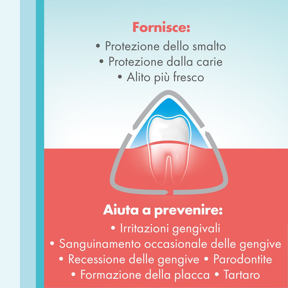 Grafica: dente e gengiva. Area rossa. Testo: 'meridol'. Lista: 'Fornisce:' e 'Aiuta a prevenire:'.