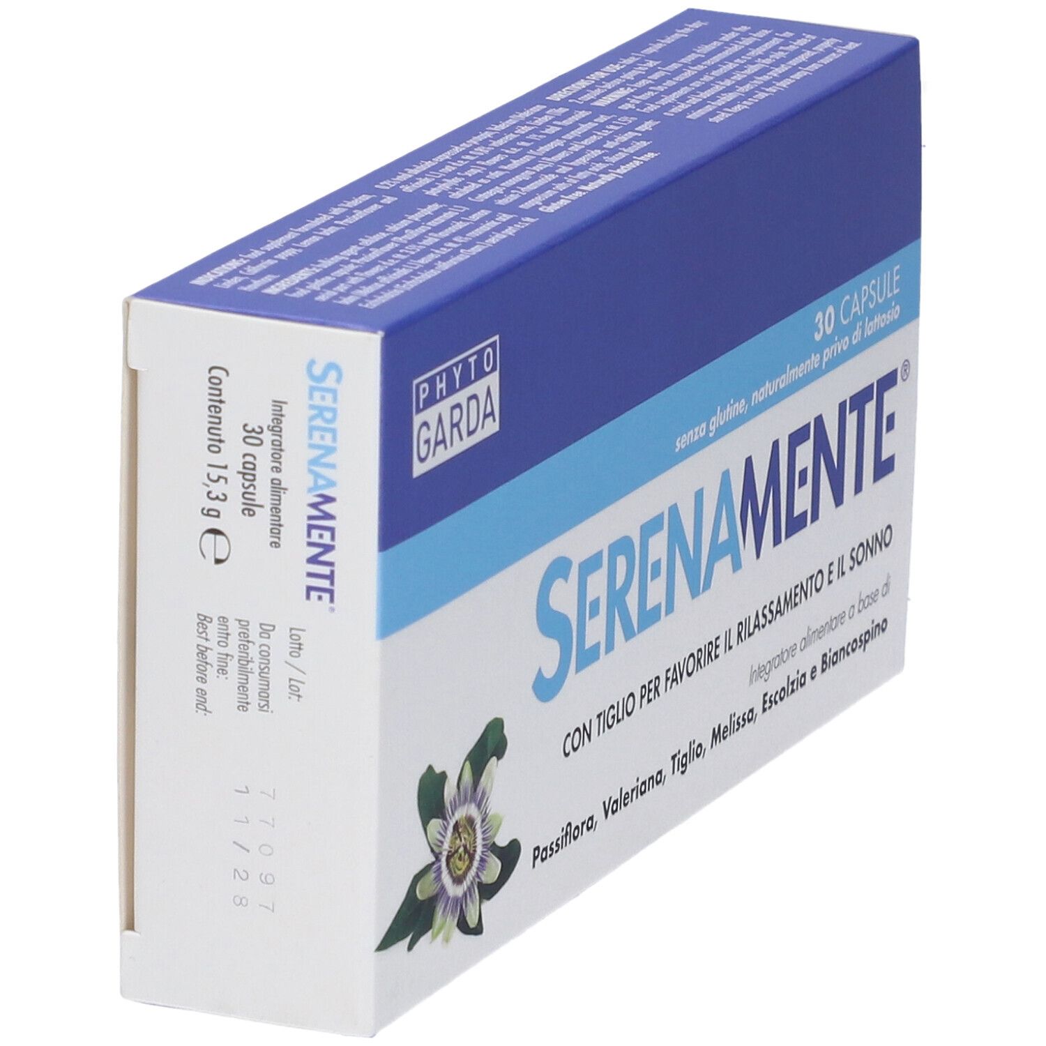 Schachtel SERENAMENTE® Kapseln, Seitenansicht. Blaue und weiße Verpackung mit Produktinformationen. 30 Kapseln.