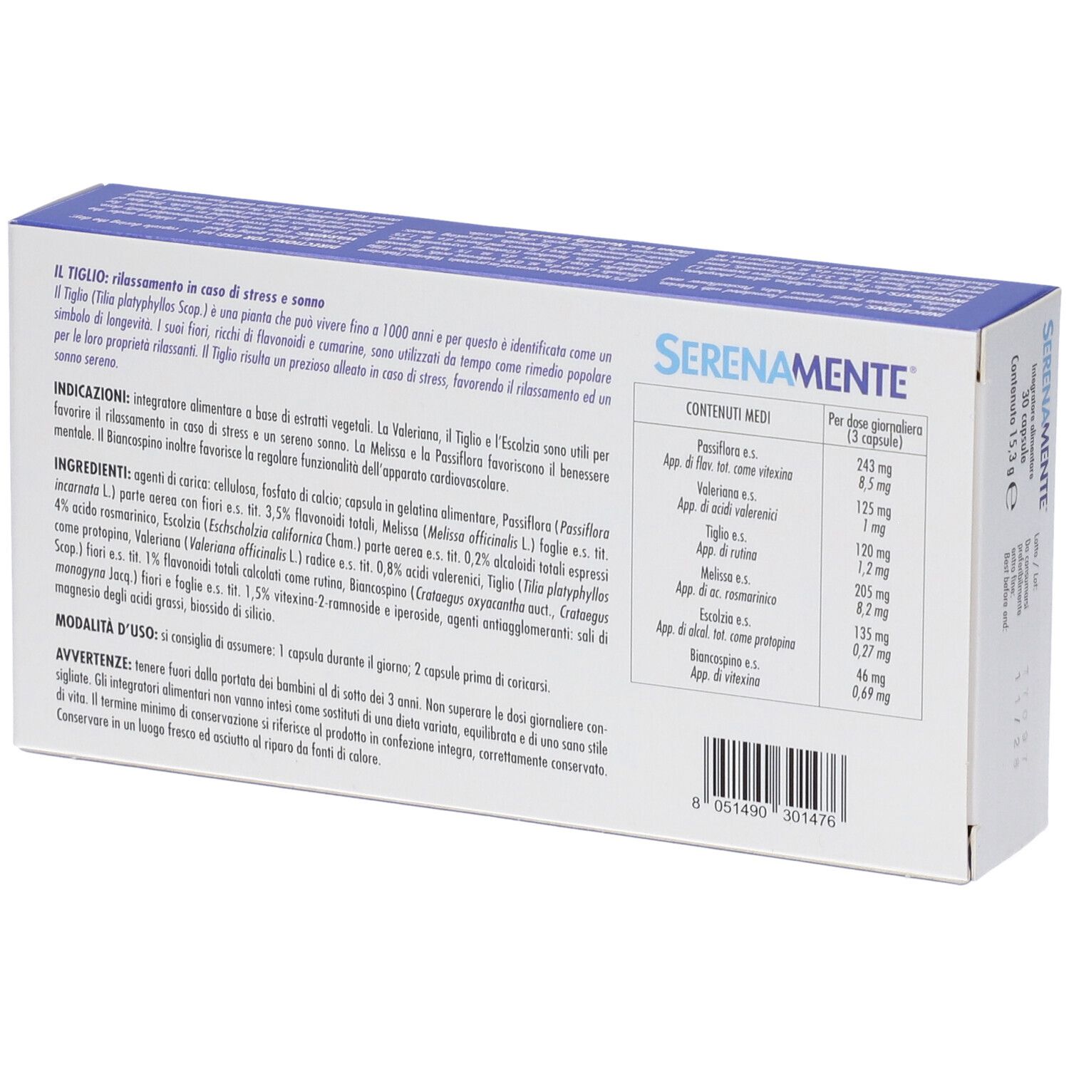 Rückseite der SERENAMENTE® Kapsel-Schachtel. Enthält Produktinformationen und Inhaltsstoffe. Weiße Schrift auf blauem Grund.