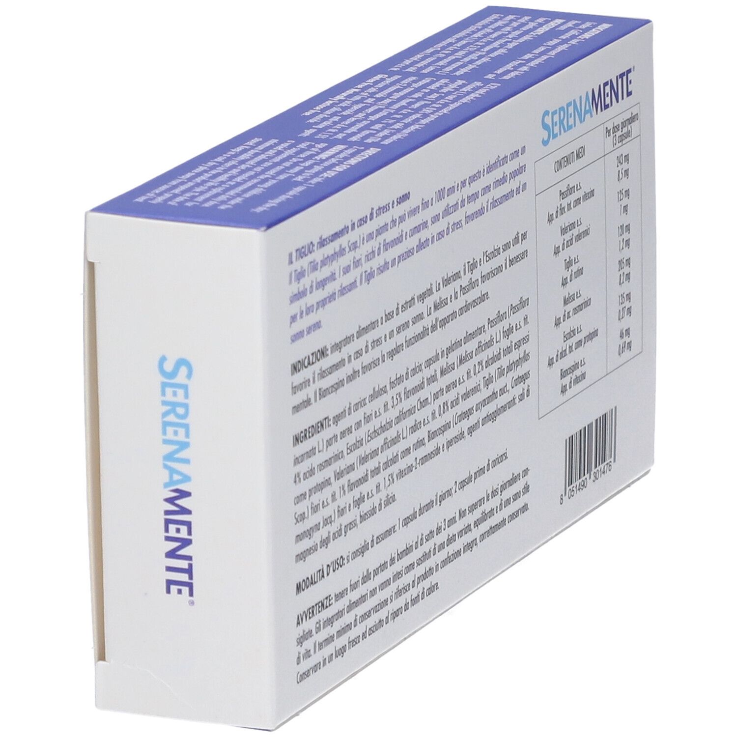 Schachtel SERENAMENTE® Kapseln, schräge Rückansicht. Enthält Produktinformationen. Weiße Schrift auf blauem Grund.