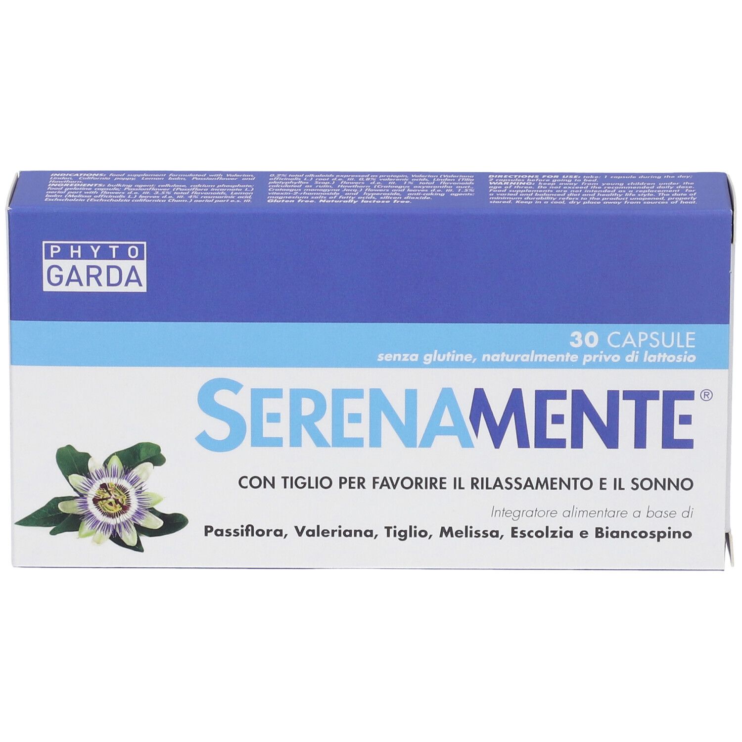 SERENAMENTE® Kapsel-Schachtel. Blaue und weiße Verpackung mit Produktnamen und Logo. 30 Kapseln.