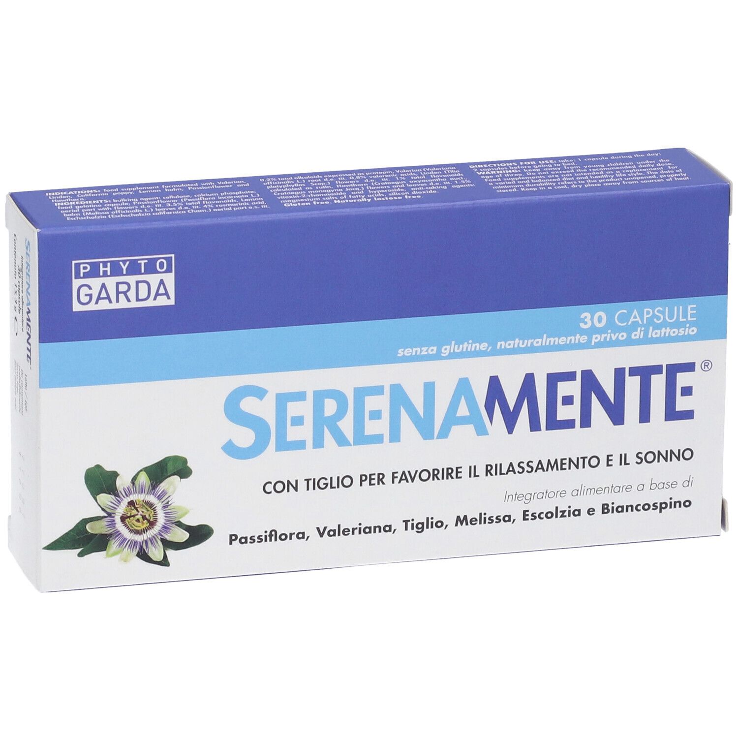 SERENAMENTE® Kapsel-Schachtel. Blaue und weiße Verpackung mit Produktnamen und Logo. 30 Kapseln.