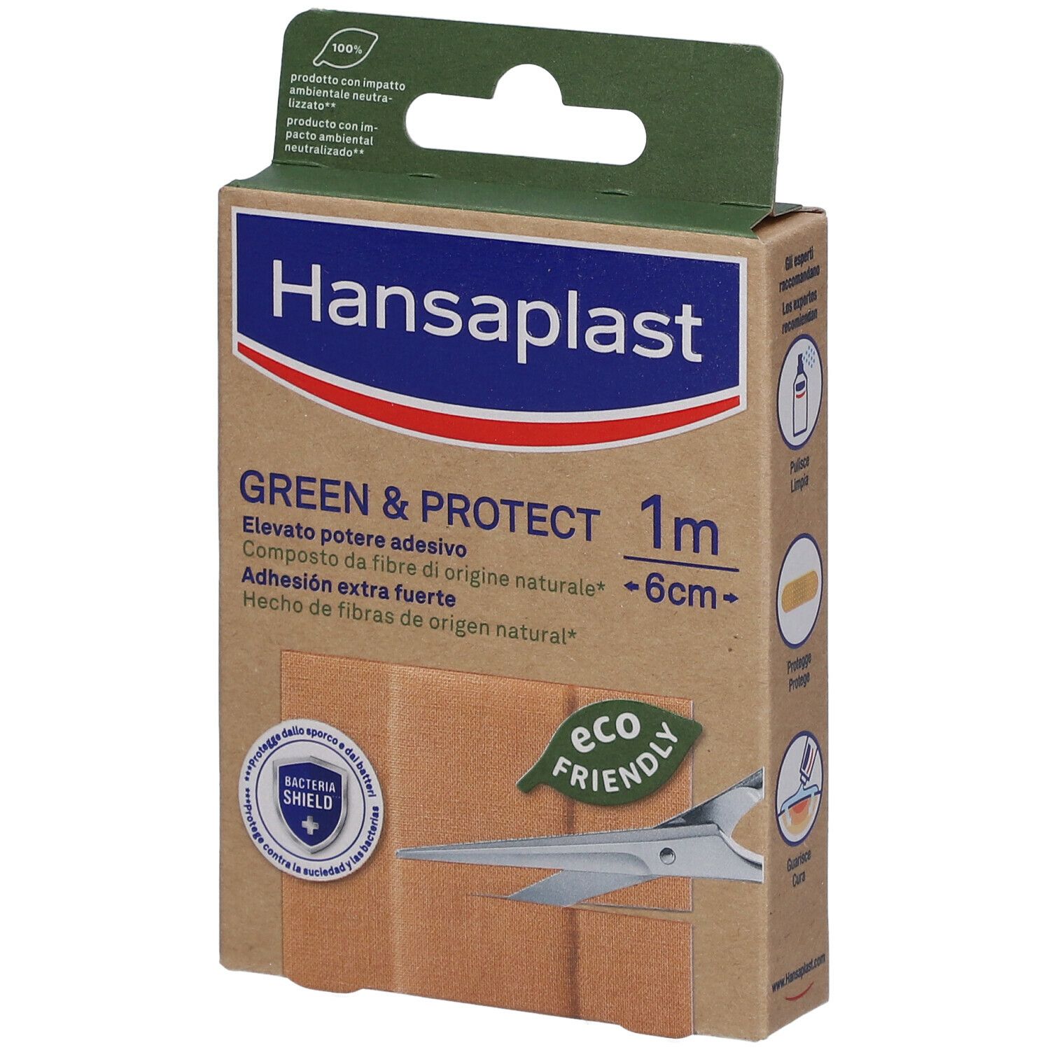 Confezione Hansaplast Green & Protect. Scatola marrone con nome prodotto, dimensioni e logo Eco-Friendly. Contiene cerotti.