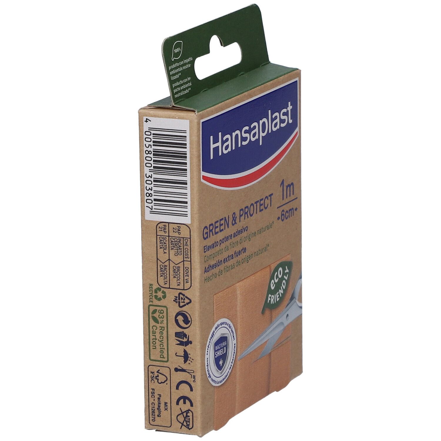 Confezione Hansaplast Green & Protect, vista laterale. Scatola marrone con nome prodotto, dimensioni e logo Eco-Friendly.