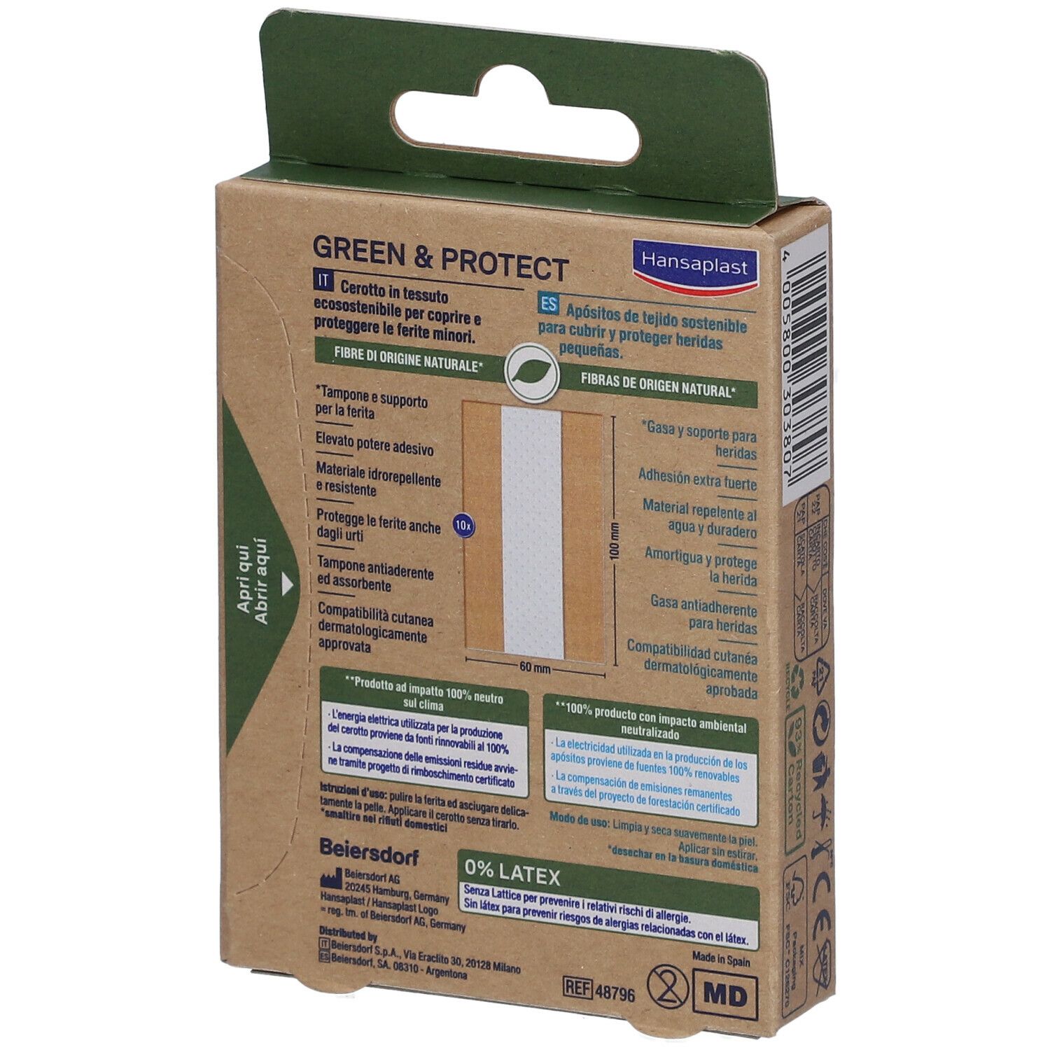 Retro confezione Hansaplast Green & Protect. Testo multilingue. Informazioni sul prodotto, composizione e produttore.