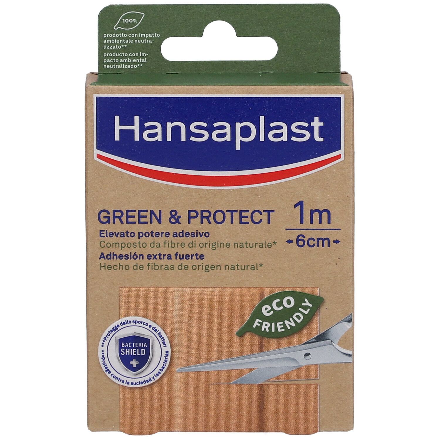 Confezione Hansaplast Green & Protect. Scatola marrone con nome prodotto, dimensioni e logo Eco-Friendly. Contiene cerotti.
