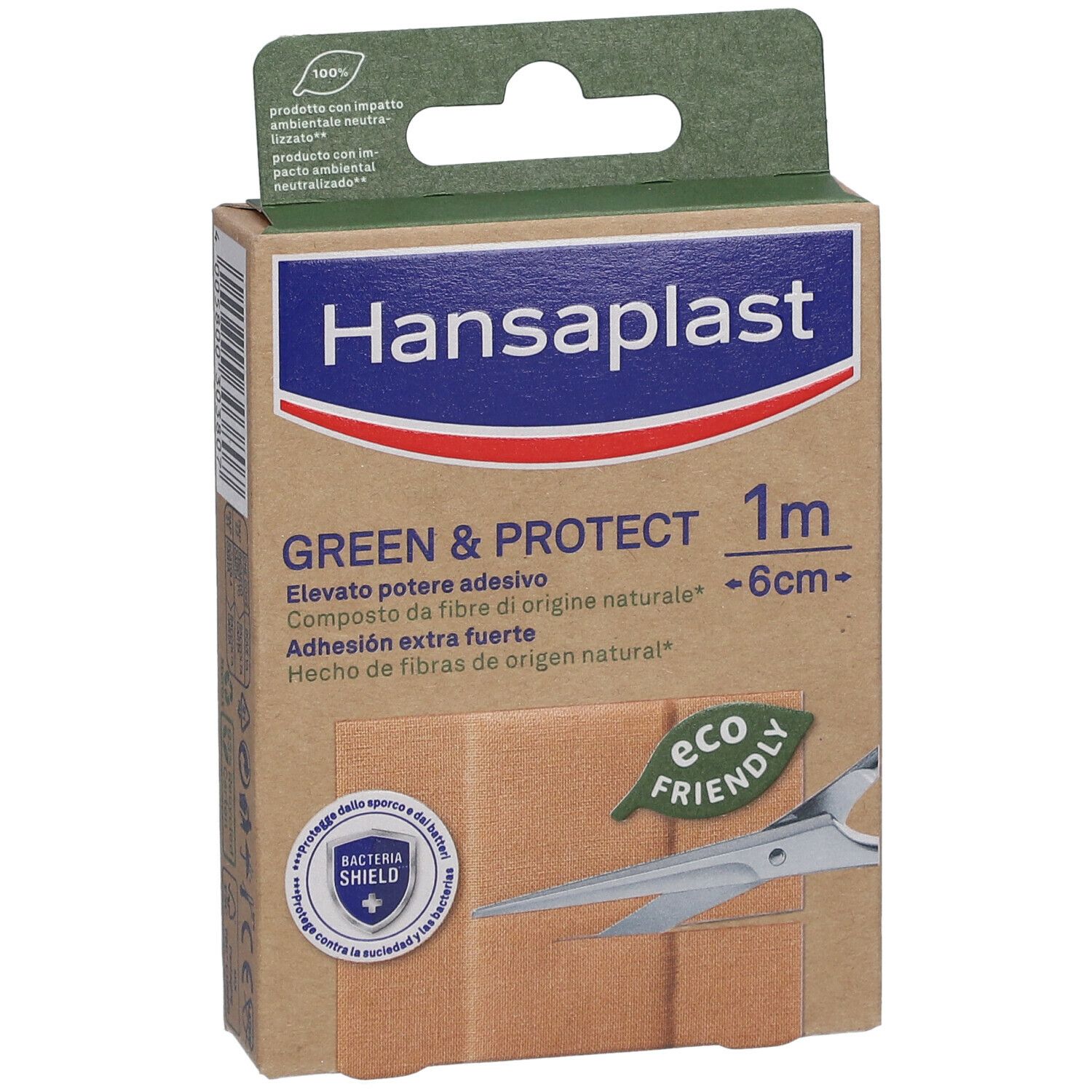 Confezione Hansaplast Green & Protect. Scatola marrone con nome prodotto, dimensioni e logo Eco-Friendly. Contiene cerotti.